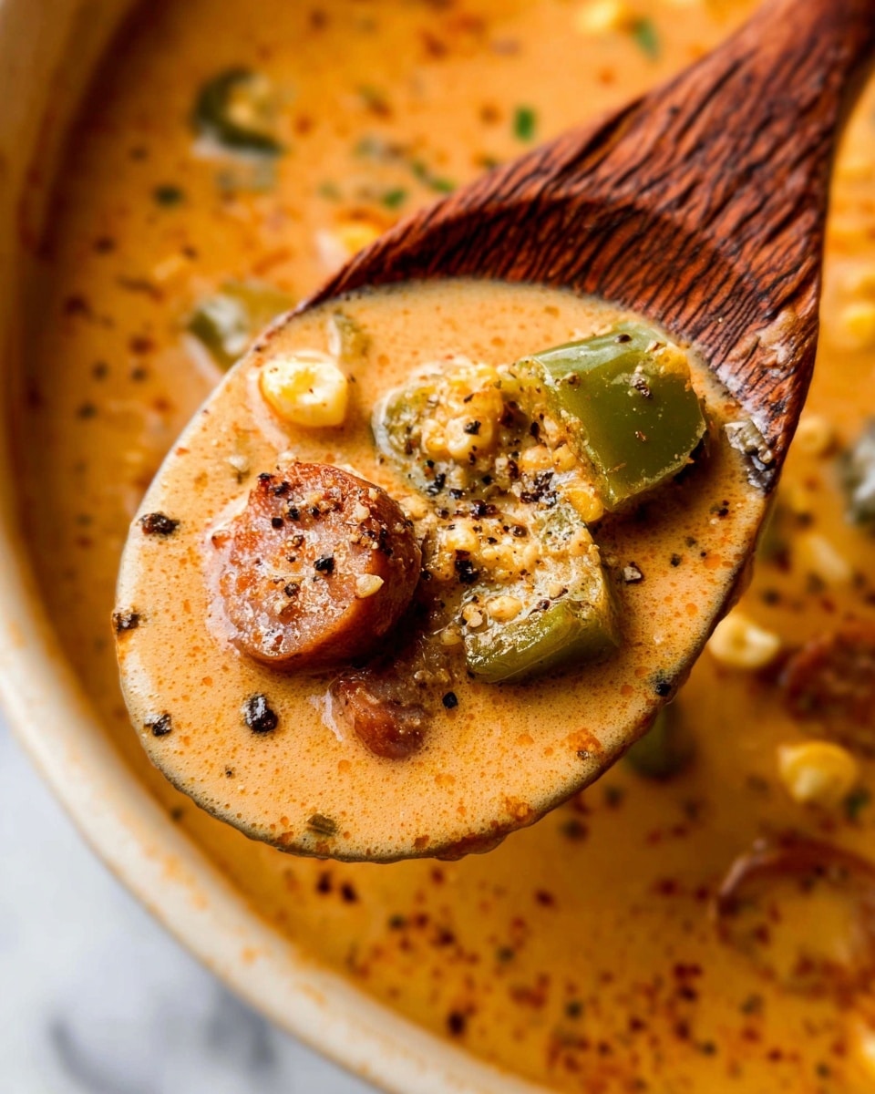 A close-up of a wooden spoon filled with thick creamy soup showing three main layers: the base layer is a smooth, light orange creamy broth; the middle layer has soft beige corn kernels and slices of light brown sausage with green pepper pieces; the top layer is sprinkled with coarse black pepper. The spoon rests in a white bowl filled with the same soup, sitting on a white marbled surface. photo taken with an iphone --ar 4:5 --v 7