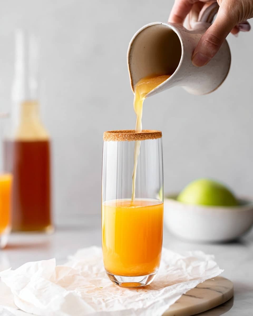A tall clear glass with a brown sugar rim sits on a white marbled surface covered by a piece of crumpled white paper. Inside the glass, a bright orange juice fills the bottom half while a woman's hand pours more juice from a small white ceramic pitcher into it. In the background, a tall bottle with amber liquid and a white bowl with a green apple are slightly out of focus. Photo taken with an iphone --ar 4:5 --v 7