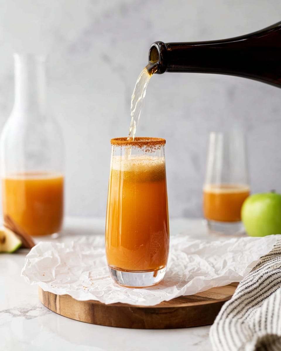 The image shows a tall clear glass with an orange drink, topped with a layer of foamy bubbles and a cinnamon rim. A dark bottle is pouring a clear liquid into the glass, creating a small splash near the top. The glass is placed on crumpled white paper on a round wooden board with a white marbled surface underneath. In the background, there is another glass with the same orange drink, a clear carafe filled with more orange liquid, and a green apple in a white holder. A white and gray striped cloth is partially in the frame on the right side. photo taken with an iphone --ar 4:5 --v 7