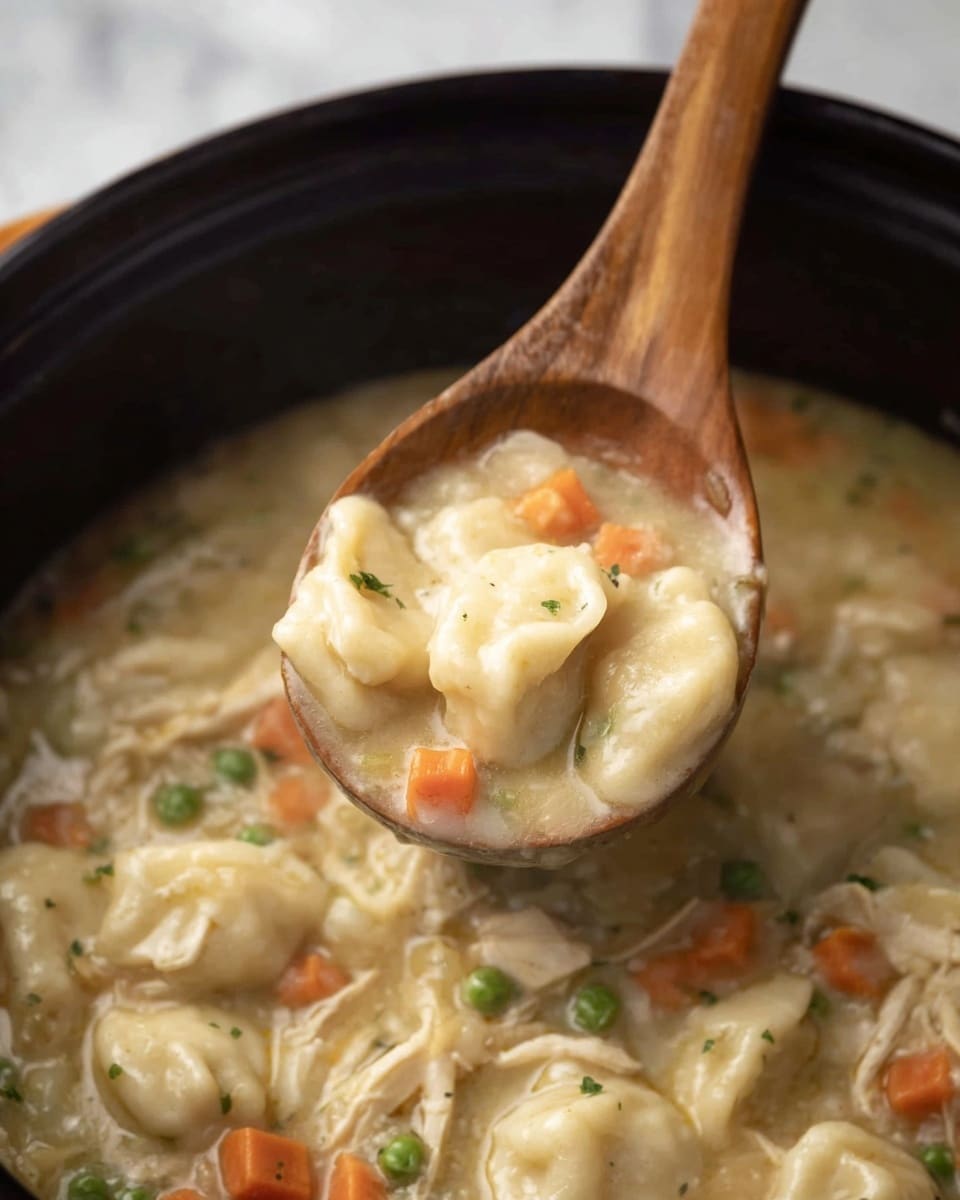 The image shows a close-up of a creamy soup or stew in a dark pot, filled with soft, light beige dumplings or small dough pieces, and shredded light brown chicken mixed with small cubes of bright orange carrots and green peas. The soup liquid is thick and slightly shiny, giving a warm and hearty feeling. A wooden spoon is lifting one dumpling from the soup, showing its smooth, soft texture, and a woman's hand is holding the spoon. The background has a white marbled texture. photo taken with an iphone --ar 4:5 --v 7