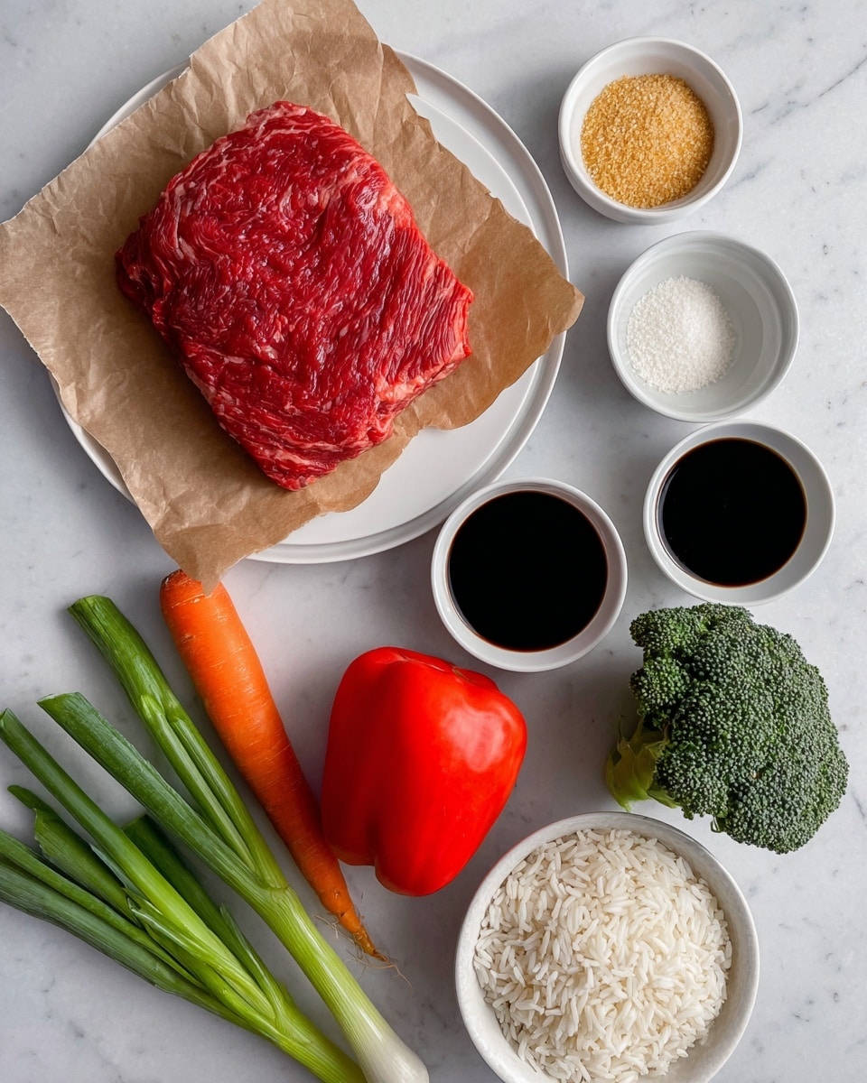 The image shows fresh ingredients arranged neatly on a white marbled surface. On the top left, there's a large piece of raw red meat with visible texture placed on brown parchment paper over a white plate. To the right, three small white bowls hold light brown sugar, a white powder mixed with a yellowish powder, and clear water. Below these bowls, there's a white bowl filled with dark soy sauce. A whole red bell pepper sits near the center. On the bottom left, two green spring onions lie next to a white bowl filled with uncooked white rice. A bright orange carrot is placed vertically near the center, and a small bunch of fresh dark green broccoli is at the bottom right. The composition is clean and well lit, showing the textures and colors clearly. Photo taken with an iphone --ar 4:5 --v 7