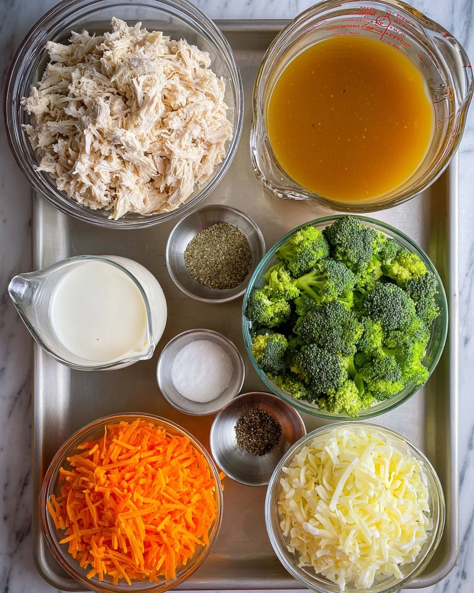 This image shows eight containers with ingredients arranged on a metal tray set on a white marbled surface. At the top left is a large glass bowl filled with shredded pale beige chicken, and next to it on the right is a large glass measuring cup with golden brown broth. Below the chicken, there is a large glass bowl filled with bright green broccoli florets. In the center, there is a small clear glass pitcher with white cream and below it two small metal bowls: one holding fine white flour and the other with mixed black and white pepper. At the bottom left, another large glass bowl contains shredded vibrant orange carrots. On the bottom right, a large glass bowl is filled with shredded sharp yellow cheddar cheese. At the middle right, there is a large glass bowl with finely chopped white onions. Everything is neatly arranged, showing bright, fresh ingredients. photo taken with an iphone --ar 4:5 --v 7