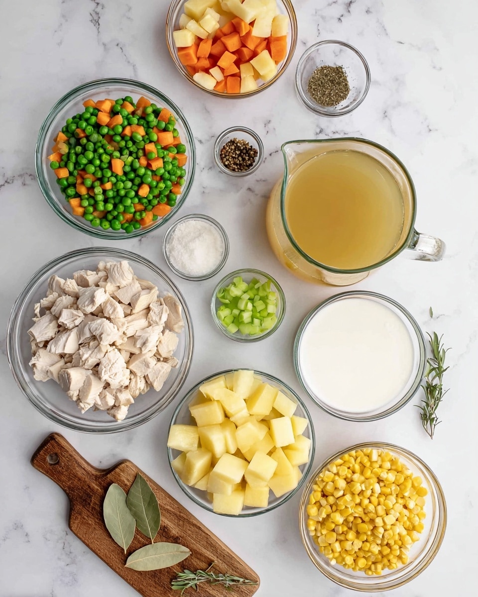 The image shows several clear glass bowls arranged on a white marbled surface. Starting from the top left, there is a bowl filled with a mix of green peas and small orange carrot cubes, next to a small bowl of black pepper. To the right is a large clear jug filled with light golden broth. Below the broth, smaller bowls hold diced green celery, creamy white liquid, and white flour. Near the center, a larger bowl contains peeled and cubed yellow potatoes. Below and to the left of that, there is a bowl with chopped cooked white chicken pieces, a smaller bowl with yellow corn kernels, and a small wooden cutting board with a few dried herbs and a single bay leaf. The ingredients are all distinct with bright, natural colors and textures, well arranged and clearly visible. Photo taken with an iphone --ar 4:5 --v 7
