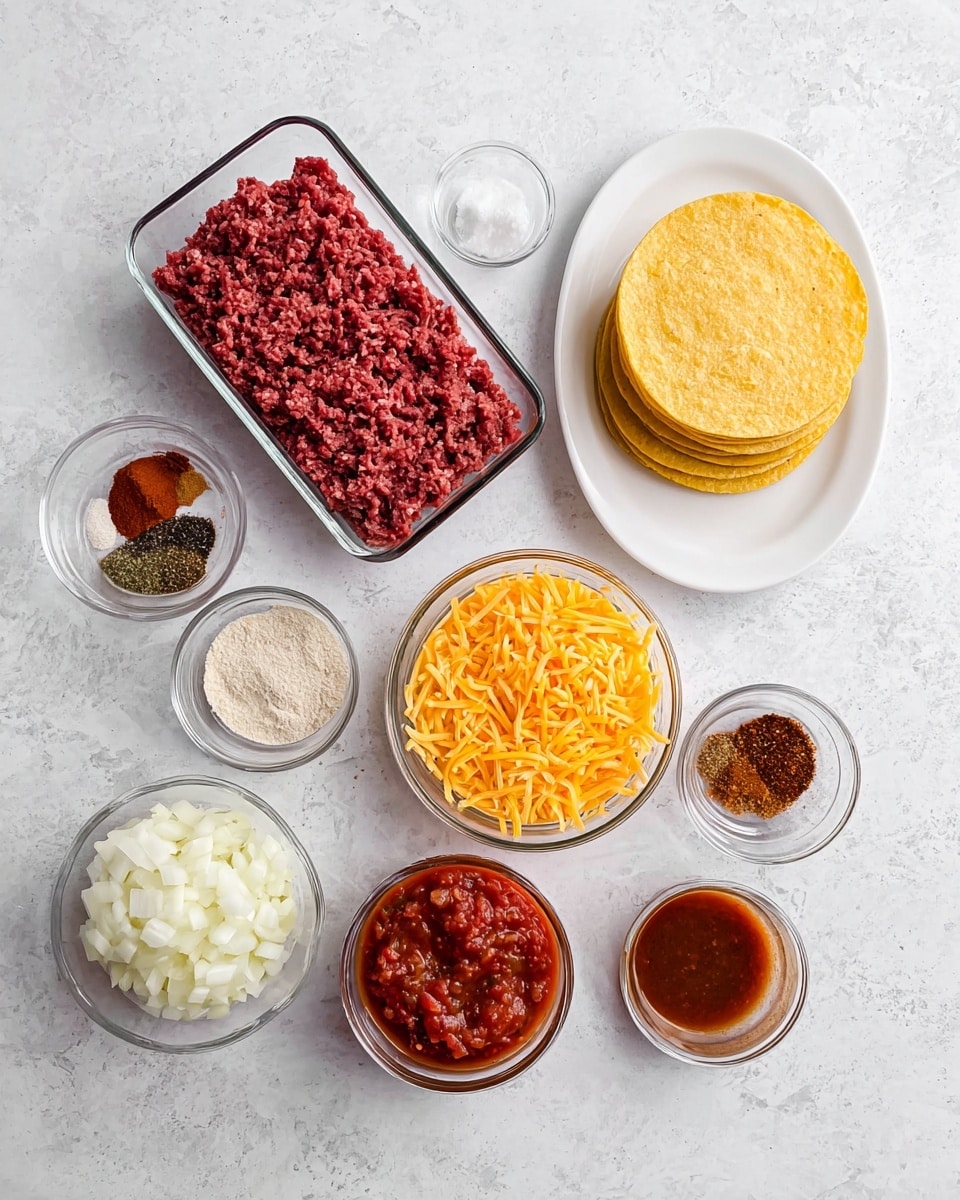 The image shows several small glass bowls and a white plate arranged on a white marbled surface. At the center, there is a rectangular clear glass container filled with raw ground meat, deep red and textured with lines. To the right of it, there is a white plate stacked with several round, yellow corn tortillas. Below the meat, two bowls hold shredded cheese: one has bright orange cheddar, and the other has a pale yellow cheese. Below the cheeses, another bowl contains chunky red salsa with visible tomato and herb pieces. Above the meat, a bowl holds diced white onions. Three smaller bowls contain various spices, one with black pepper, one with reddish-brown chili powder, and one with a mixture of brown and red powder. Another bowl with a rich reddish-brown sauce is on the left side. The arrangement is neat and colorful, showing all the ingredients separately. photo taken with an iphone --ar 4:5 --v 7