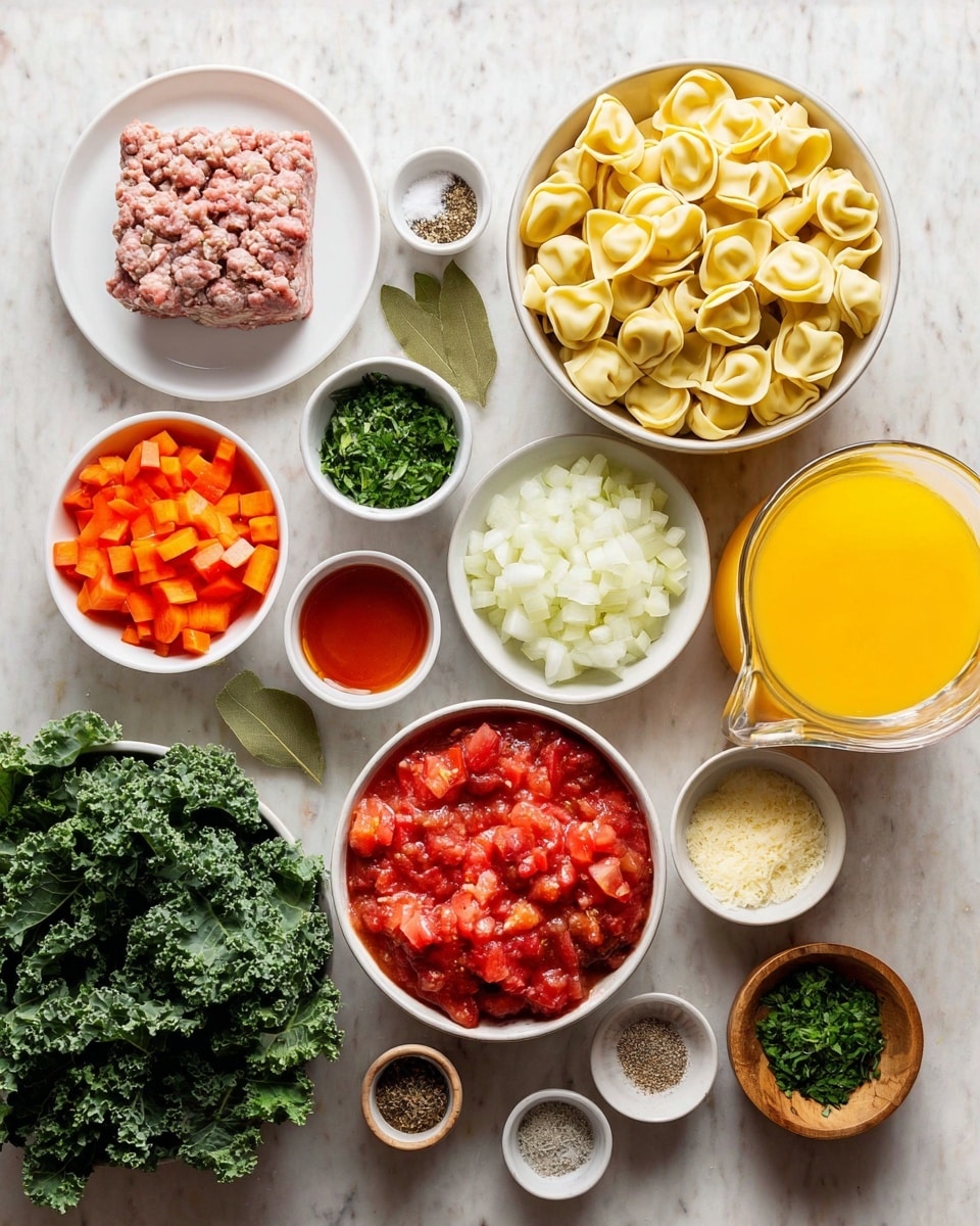 The image shows many ingredients arranged neatly on a white marbled surface, ready for cooking. On the top left, there is a white plate with a square block of raw ground meat that has light pink and white bits. Below that, a large white bowl holds pale yellow tortellini pasta. Next to it, a white bowl is filled with diced white onions, showing a smooth texture and slight shine. Below and to the right, a white bowl contains red diced bell peppers next to a small clear glass bowl of orange diced carrots. In the middle, a white bowl holds chunky red diced tomatoes, rich in color and juicy texture. To the right of the tomatoes, there is a clear glass jug filled with bright yellow-orange liquid, likely juice or broth. Above it, a small white bowl holds finely chopped green herbs, and next to that, a larger white bowl is full of dark green leafy kale with curly edges. Scattered around are small wooden bowls with black pepper, dried herbs, salt, and red pepper flakes, a small white bowl with a single bay leaf, a small bowl with grated pale yellow cheese, and a tiny bowl with minced light yellow garlic. All the bowls and containers create a colorful and organized scene. Photo taken with an iphone --ar 4:5 --v 7