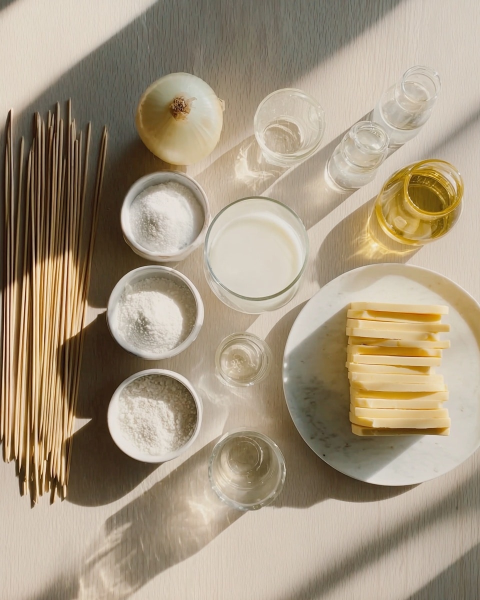 The image shows a light wooden table with various cooking ingredients arranged neatly. On the far left, there are long wooden skewers laid flat. Moving right, a peeled whole white onion is placed near the top. Below it are three small white bowls with white powders and granules, likely flour, sugar, and salt. In the center, there is a glass filled with white liquid. To the right, a white plate holds several stacked yellowish sticks of butter. There are also small glass containers, one with a golden oil and others empty or with small amounts of clear liquid. The whole scene is brightly lit with sunlight creating soft shadows, and the table surface is a white marbled texture photo taken with an iphone --ar 4:5 --v 7