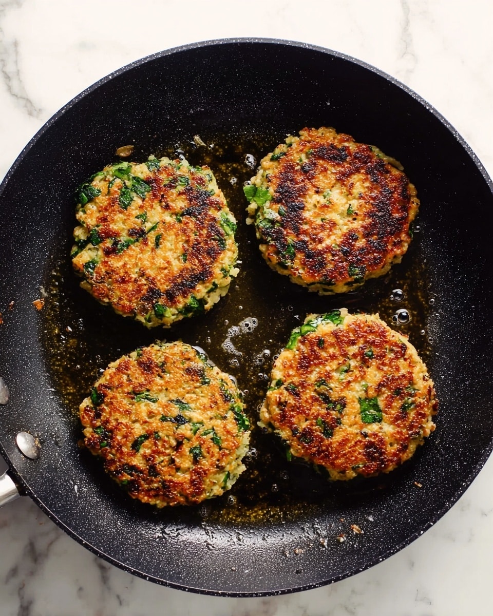 A black frying pan holds four round, golden-brown patties with green leafy pieces visible inside each one. The edges are slightly irregular, and the patties have a textured surface showing small browned spots from cooking. There is some oil glistening around the patties inside the pan. The pan rests on a white marbled surface that adds a clean, bright background to the scene. photo taken with an iphone --ar 4:5 --v 7