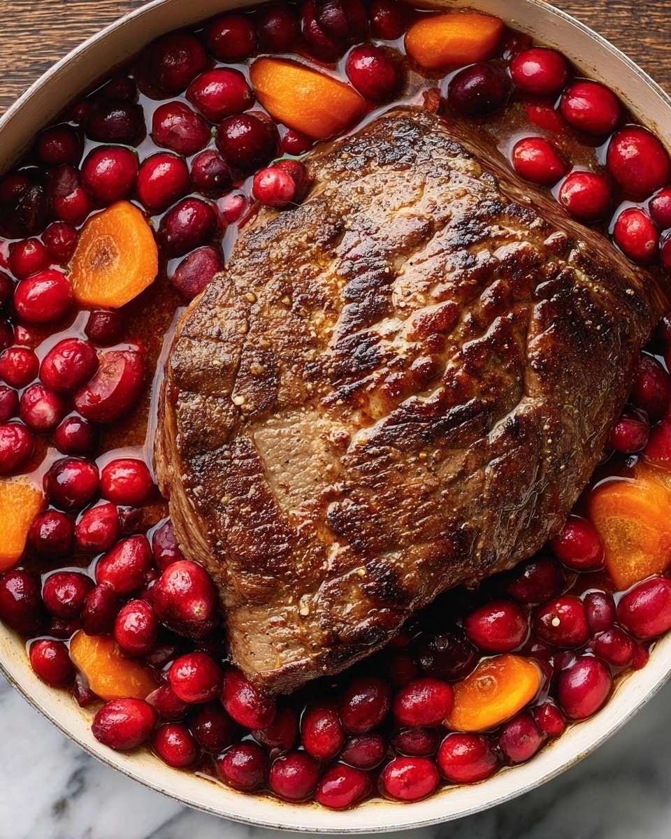 A close-up view of a cooked large brown meat roast sitting in a white round pan filled with bright red whole cranberries and orange carrot slices in brown sauce, the meat has a grilled texture with visible browning and searing on its surface, the cranberries are shiny and plump, surrounding the roast mostly around the edges, the carrot slices add a splash of warm color among the cranberries, the pan has a smooth rim and rests on a white marbled surface, photo taken with an iphone --ar 4:5 --v 7