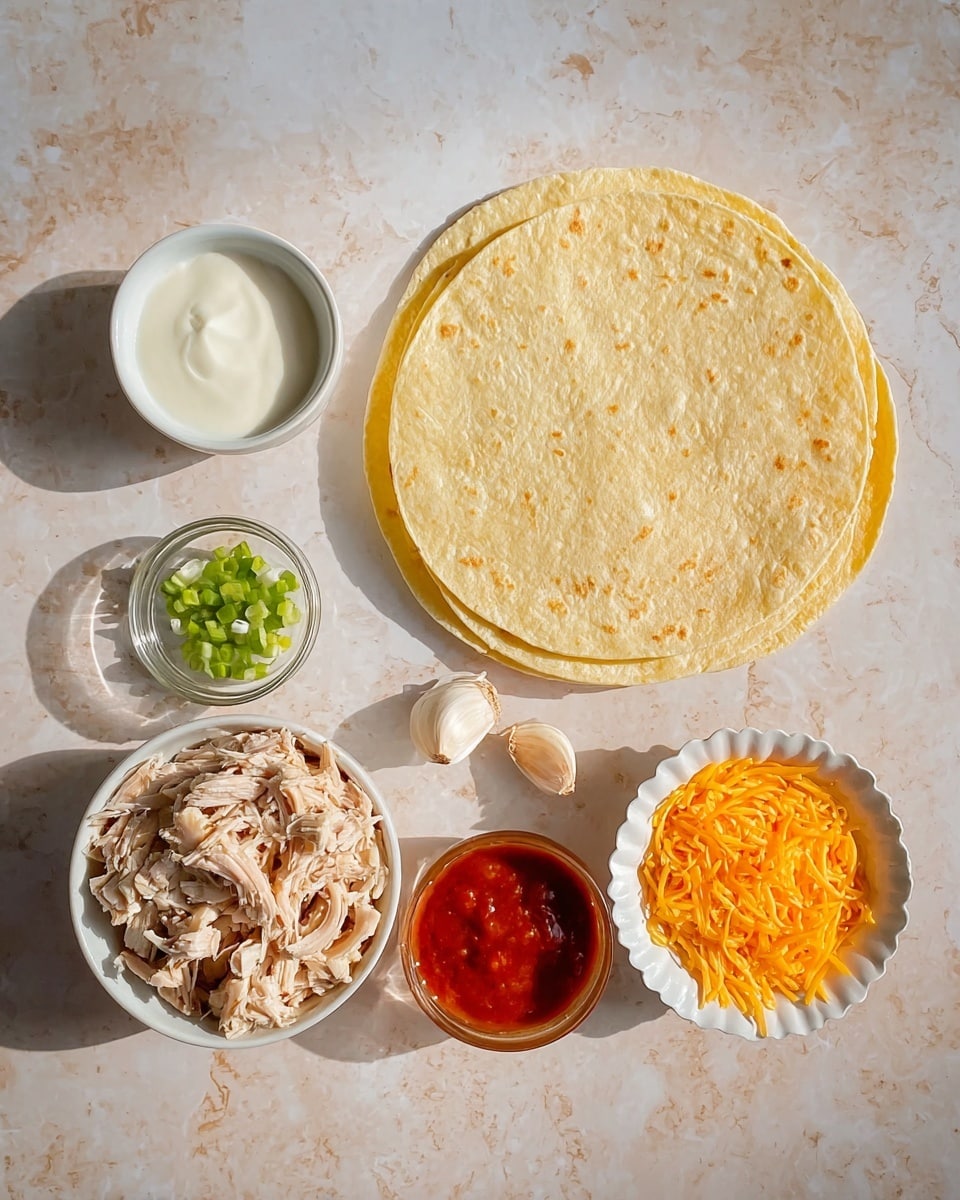 The image shows two light yellow tortillas placed flat and slightly overlapping each other at the top center on a white marbled surface. Below the tortillas, there is a white bowl filled with shredded cooked chicken with a beige and light brown color. Around this bowl, there are four smaller bowls arranged in a semicircle: to the left, a white bowl contains thick white sauce; in the center-left, a small round clear bowl holds chopped green onions; in the center-right, a white scalloped bowl is filled with bright red sauce; and on the right, a white bowl has a pile of shredded orange cheese. Two cloves of garlic lie between the shredded chicken bowl and the sauce bowls. The lighting is bright and natural, casting soft shadows. photo taken with an iphone --ar 4:5 --v 7
