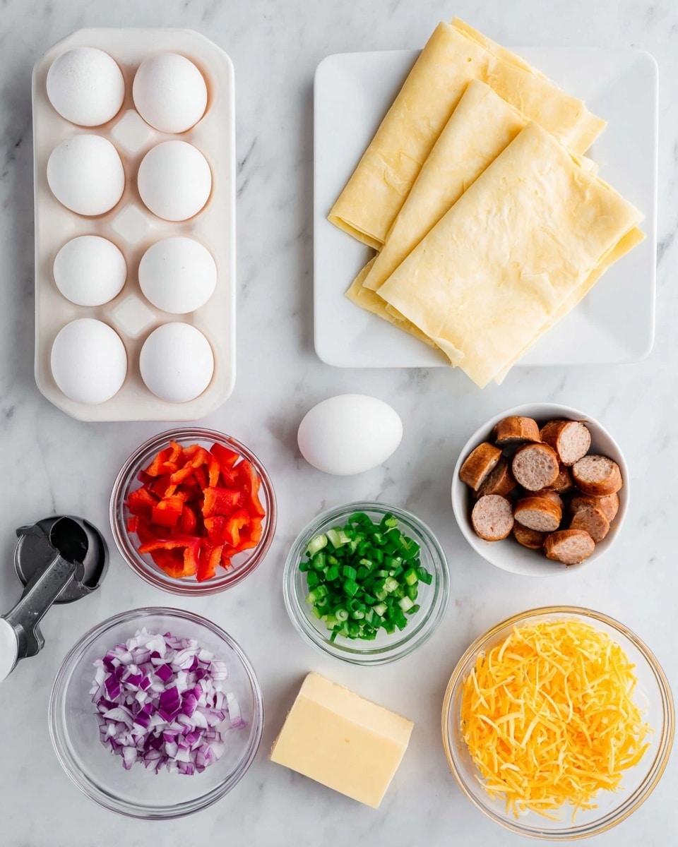 The image shows various ingredients set out on a white marbled surface, arranged in a neat layout. In the top left, there is a white tray holding six whole white eggs, with one egg placed outside the tray below it. To the right, on a white rectangular plate, there are three folded pale yellow sheets of dough stacked. Below the eggs, a white bowl contains finely chopped red bell peppers. Next to it on the right is a small clear bowl with chopped green onions. Below the peppers, a white bowl is filled with finely chopped purple onions. To the right of this is another small clear bowl containing sliced cooked sausage pieces in brownish tones. Near the sausage, there are two small rectangles of pale yellow butter placed side by side. On the far right, there is a black measuring cup holding shredded bright orange cheddar cheese. Photo taken with an iphone --ar 4:5 --v 7