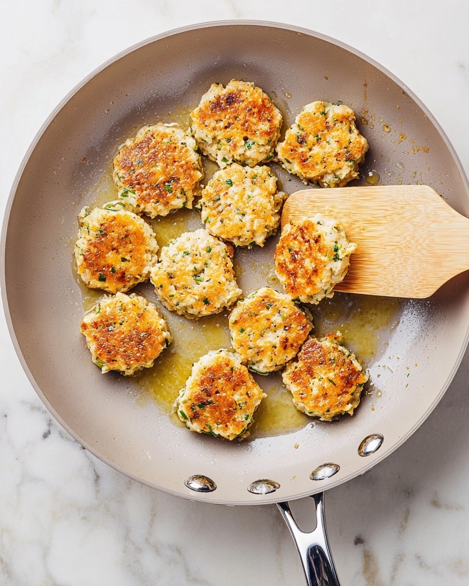 A light gray frying pan with metal handles holds twelve small, round, golden-brown patties with a slightly uneven, chunky texture dotted with bits of green herbs, frying in a thin layer of oil; a smooth, light wooden spatula is lifting one patty on the right side, gently pressing into the patty's textured surface, all set on a white marbled surface photo taken with an iphone --ar 4:5 --v 7