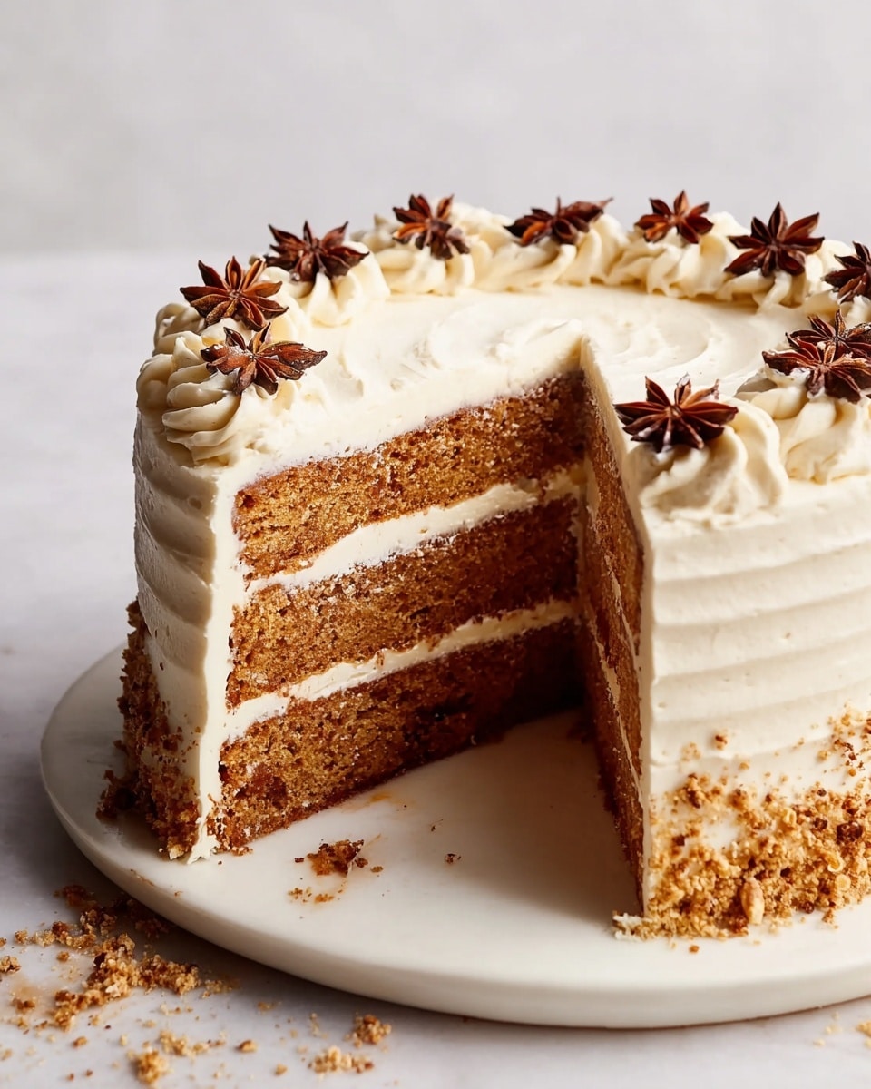 A four-layer cake is shown with each layer made of light brown sponge and separated by creamy white frosting. The top of the cake is covered with smooth, swirled white frosting and decorated with dark brown star anise pieces and some crushed light brown spice bits around the edge. A section of the cake is missing, revealing the inside layers. The cake sits on a white plate, placed on a white marbled surface with some crumbs scattered around. photo taken with an iphone --ar 4:5 --v 7