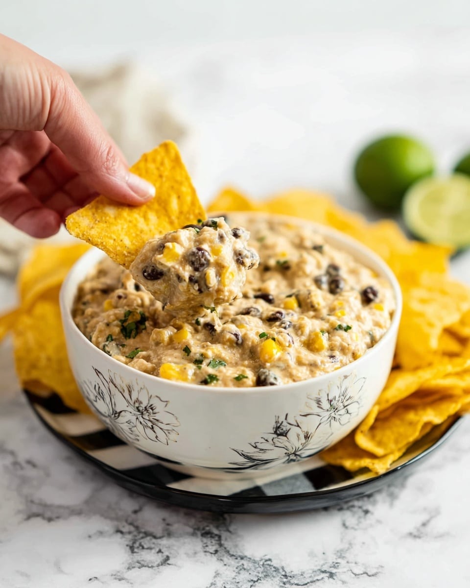 A white bowl with flower designs is filled with a creamy dip that has yellow corn kernels, black beans, and bits of green herbs mixed in, giving it a chunky texture. The dip looks thick and slightly textured with visible pieces of corn and beans throughout. On one side of the bowl, a pile of yellow tortilla chips rests, some partially under the bowl. A woman's hand holds one yellow tortilla chip covered with the dip, showing the mixture's creamy and chunky surface clearly. The bowl sits on a black and white checkered plate on a white marbled surface, with some lime slices blurred in the background. photo taken with an iphone --ar 4:5 --v 7