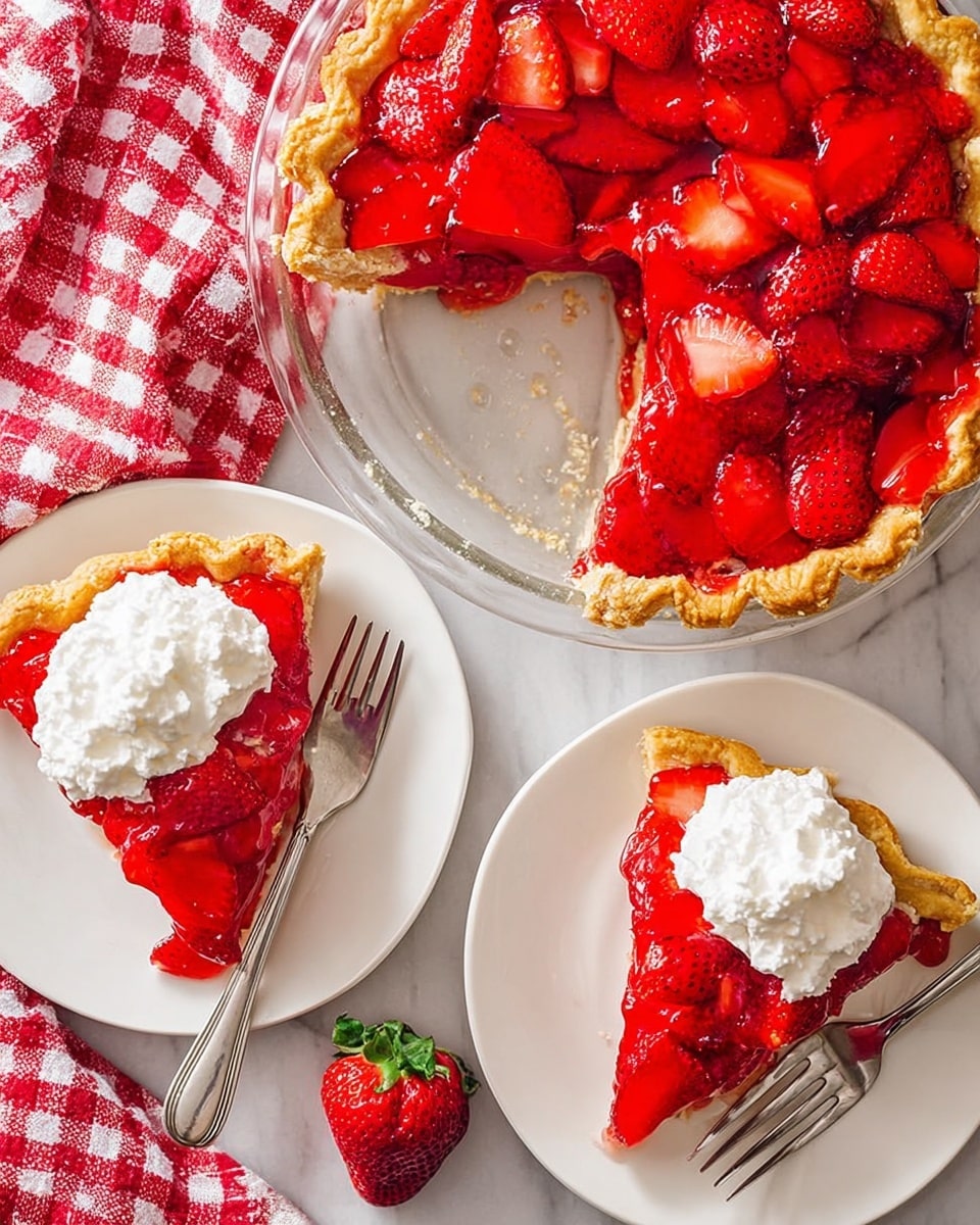 The image shows a strawberry pie with a golden brown crust in a clear glass pie dish, filled with bright red strawberry slices covered in a shiny red glaze. A dollop of white whipped cream sits on top of the pie and on two white plates, each holding a slice of the pie with whipped cream on top. A silver fork rests on one plate, and a fresh whole strawberry is placed on a white marbled surface near a red and white checkered cloth. The colors are bright and the textures clear, showing the juicy strawberries and flaky crust very well photo taken with an iphone --ar 4:5 --v 7