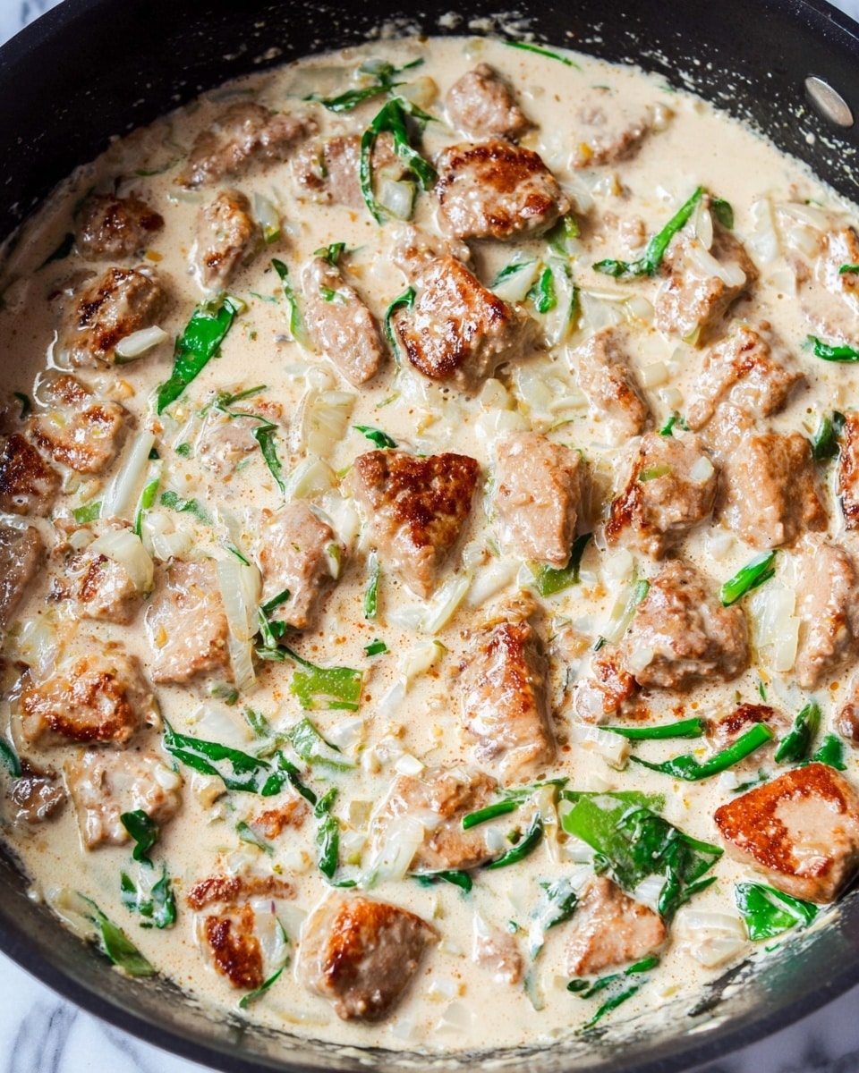 A close-up view of a black pan filled with a creamy white sauce containing browned pieces of meat scattered evenly throughout. The sauce has small bits of cooked white onion and green leafy herbs mixed in, creating spots of green and translucent pale yellow color. The meat pieces vary in size and have a seared brown surface texture. The background shows a white marbled texture. photo taken with an iphone --ar 4:5 --v 7