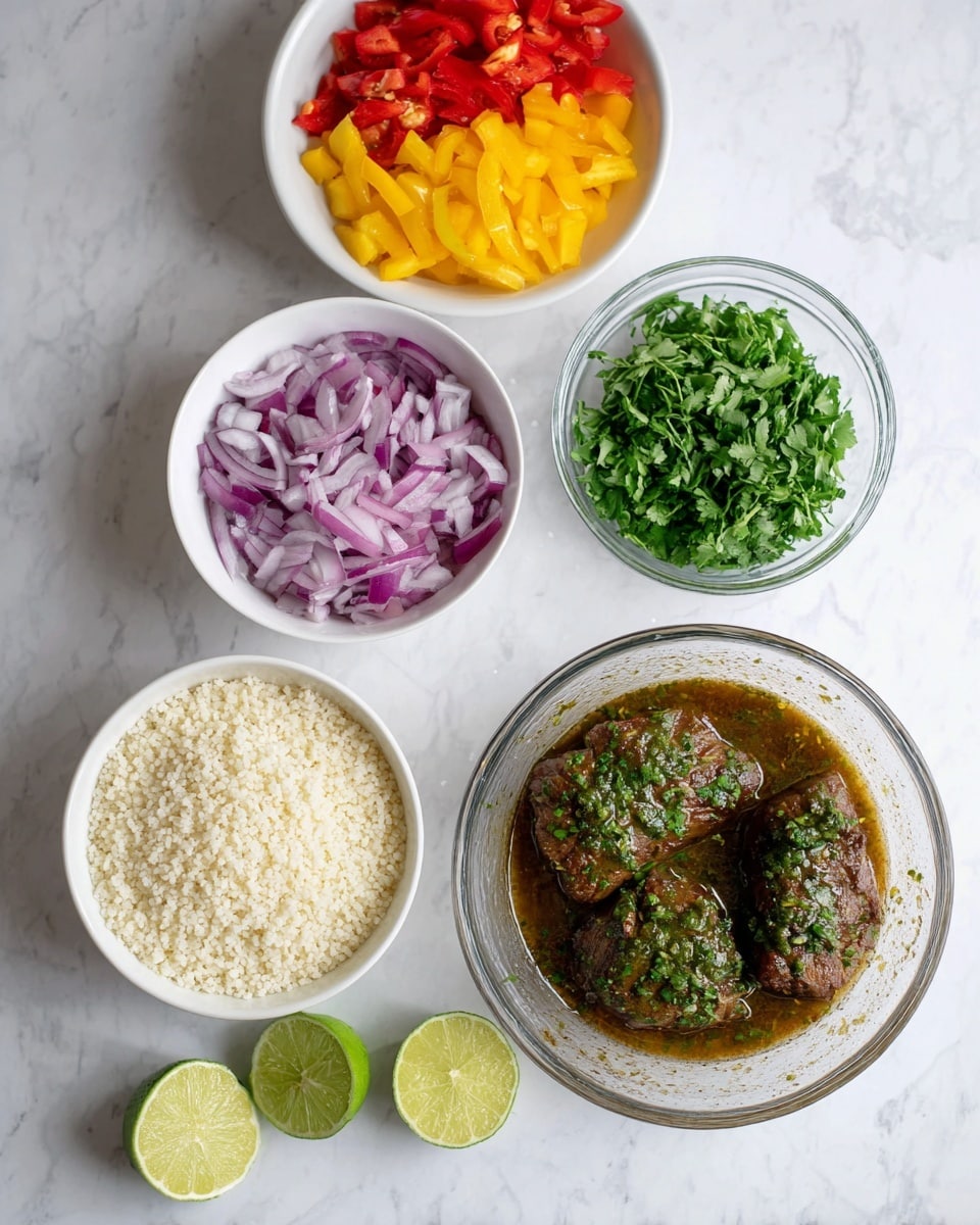 The image shows five main parts arranged on a white marbled surface: a clear glass bowl on the right with two pieces of marinated meat covered in a green herb and brown sauce; a white bowl at the bottom filled with small white grains like couscous or rice; a white bowl on the left with three sections of chopped red, green, and yellow bell peppers; a white bowl at the top containing chopped purple onions; fresh green herbs are placed above the bowls; and two lime halves lie next to the herbs. Photo taken with an iphone --ar 4:5 --v 7