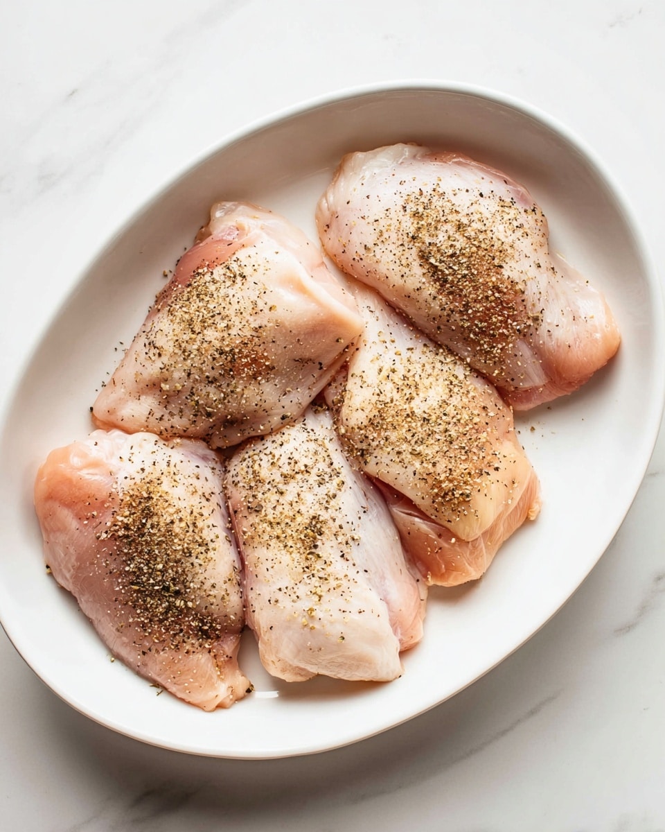 Four raw chicken pieces are laid side by side in a white oval dish, all facing the same direction. Each piece is pale pink with some white areas and a smooth, slightly shiny texture. A light layer of black pepper and other brownish spices is sprinkled evenly over the top of each chicken piece. The dish sits on a white marbled surface with soft lighting showing the details clearly. photo taken with an iphone --ar 4:5 --v 7
