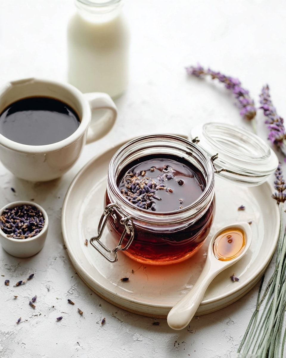 The image shows a small glass jar with a hinged lid, filled with dark amber liquid topped with small purple lavender buds, placed on a round white plate with a creamy ceramic spoon resting beside it. Around the plate, there are a few scattered lavender buds and drops of the liquid. To the left, there is a small white ceramic cup filled with dark coffee and a glass bottle with white milk inside. The setting is on a white marbled surface, giving a clean and bright look. photo taken with an iphone --ar 4:5 --v 7