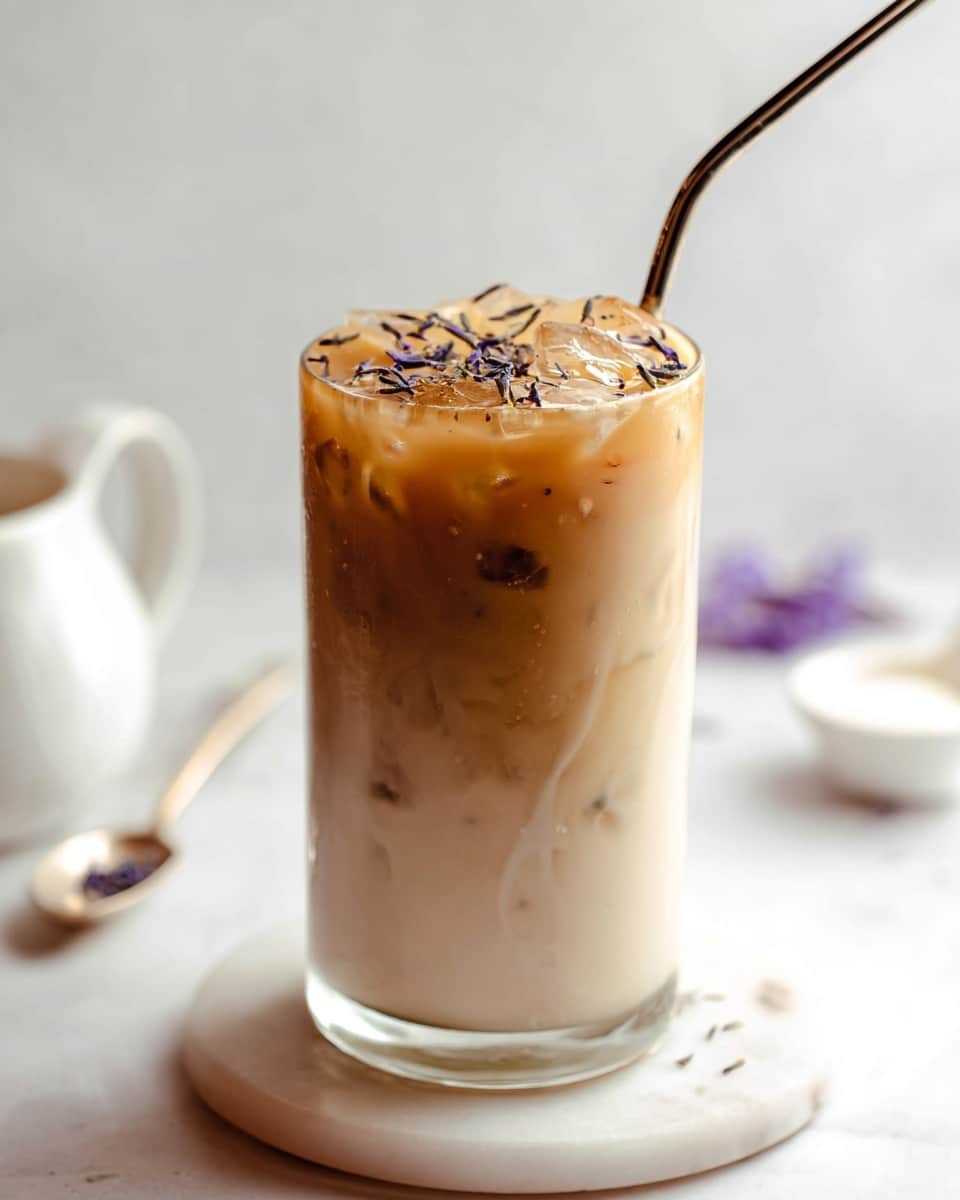 A tall clear glass filled with three layers: at the bottom, a light creamy white layer, in the middle, a smooth beige layer blending into the top layer, which is a darker light brown with visible ice cubes. The top is sprinkled with small dark purple dried flower petals, and a metal straw is placed inside. The glass rests on a white marbled coaster on a white marbled surface with soft lighting, and there is a white measuring spoon with cream next to it. Photo taken with an iphone --ar 4:5 --v 7