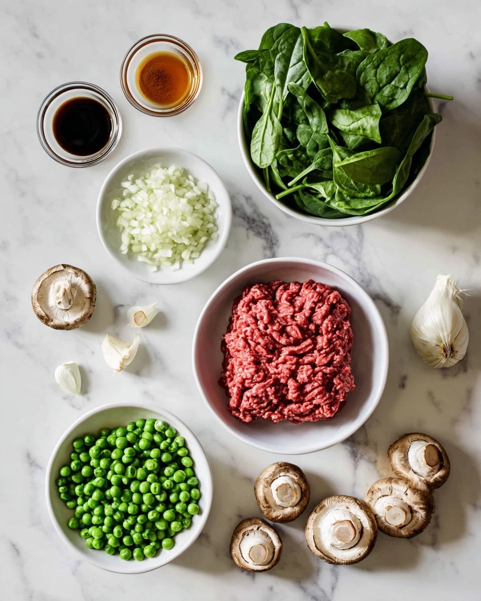 The image shows a white bowl in the center filled with bright red raw ground meat with a textured surface. Above it to the right is a white bowl full of fresh, dark green spinach leaves with a leafy texture, and above that are some loose spinach leaves placed on a white marbled surface. To the left of the spinach bowl, there is another white bowl containing small white chopped onion pieces with a rough texture. Below the ground meat bowl is a white bowl filled with vibrant green peas, some spilling out onto the white marbled surface. Around these bowls, there are whole light brown mushrooms with textured caps scattered in the bottom right corner. Garlic cloves and a whole bulb with a papery white outside sit above the mushrooms. A piece of ginger root with a rough brown skin is located to the right of the spinach bowl. To the left side of the ground meat bowl, three small glass cups hold different liquid ingredients: a dark brown soy sauce at the top, a light amber liquid below it, and a small amount of light brown granulated seasoning in the smallest cup below that. The entire set of ingredients is placed neatly on a clean white marbled surface, with bright natural lighting highlighting the colors and textures. Photo taken with an iphone --ar 4:5 --v 7