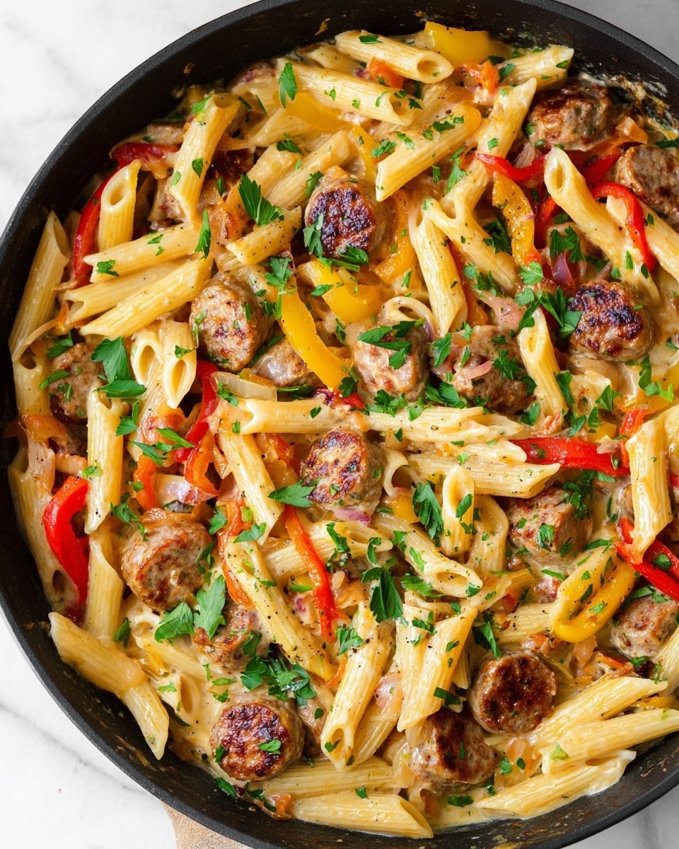 A skillet filled with creamy pasta layered with penne noodles, browned sausage slices, and pieces of red and yellow bell peppers. The penne is pale yellow and mixed evenly with the browned, round sausage pieces that have a slightly crispy texture on top. The colorful bell peppers add bright splashes of red and yellow throughout the dish. Fresh green parsley leaves are sprinkled on top, adding a touch of green color and freshness. The creamy sauce coats all the ingredients, giving a smooth and slightly shiny look. The skillet sits on a white marbled surface, and the photo taken with an iphone --ar 4:5 --v 7