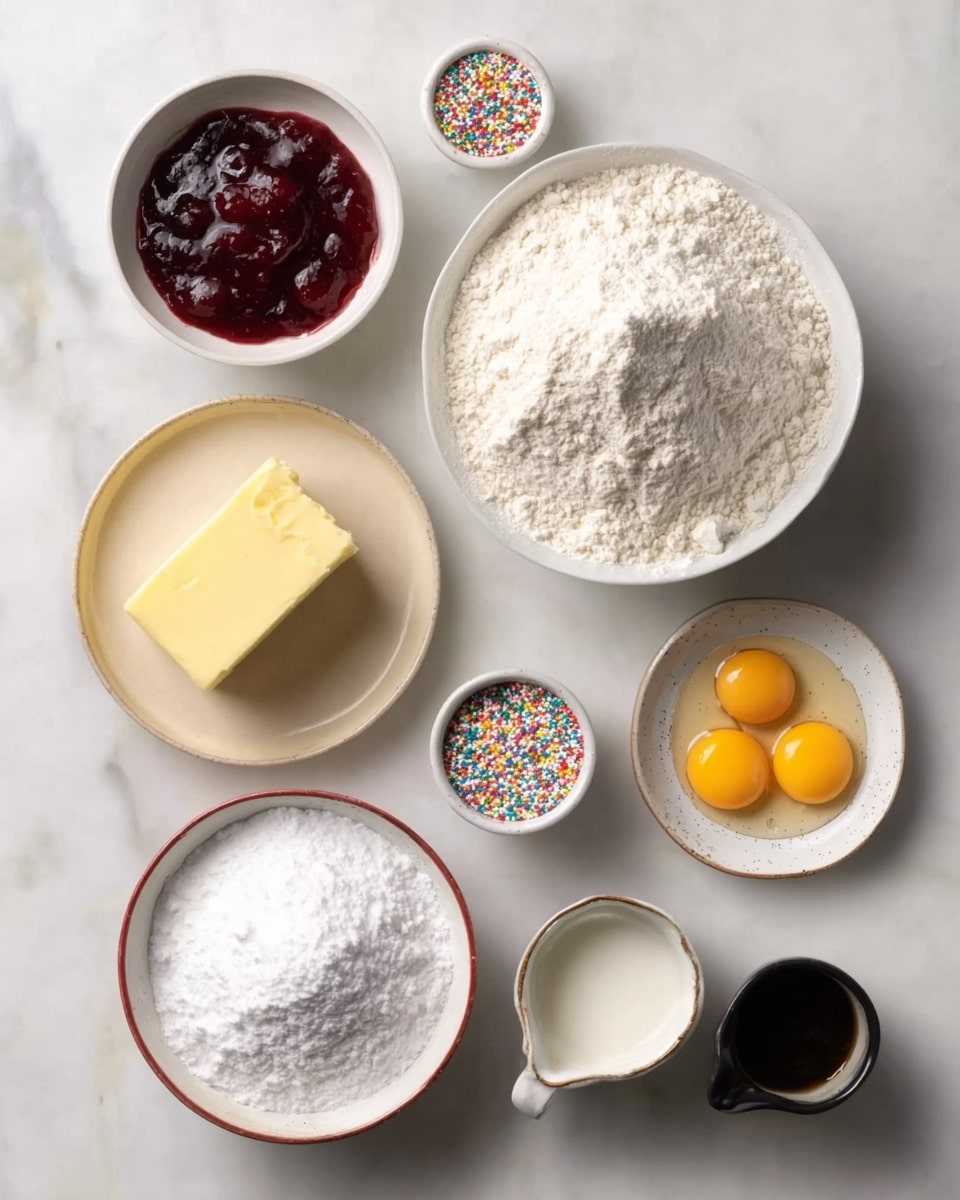 The image shows nine bowls and containers arranged on a white marbled surface. At the center is a white bowl filled with white flour. Above it to the left is a bowl with dark red jam, and next to that is a small white cup with colorful rainbow sprinkles. To the right of the sprinkles cup is a white bowl holding two raw eggs with yolks visible. Below the eggs is a white bowl filled with white granulated sugar. At the bottom center is a white bowl full of white powdered sugar, and next to it on the right is a small black container with milk. Moving left from the powdered sugar is a block of yellow butter, above which is a small beige plate with white salt and baking powder. Finally, to the left of the flour bowl is a small white cup with a dark liquid. The setup is simple and clean, with all bowls mostly round and placed evenly. Photo taken with an iphone --ar 4:5 --v 7