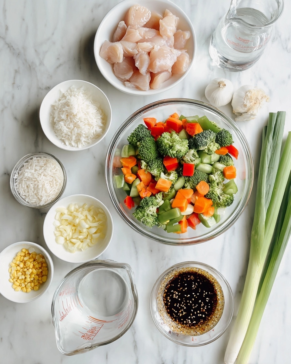 The image shows a top view of ingredients for cooking, all placed on a white marbled surface. In the middle, there is one clear glass bowl filled with colorful mixed vegetables including green broccoli, green beans, orange carrots, red bell peppers, and baby corn. Around this bowl are several small white bowls: one with raw light pink pieces of chicken, one with white rice, one with chopped white onion slices, one with minced yellow ginger, one with small white sesame seeds, and one with crushed garlic. There is also a clear measuring cup holding a dark sauce with seeds, and another clear measuring cup filled with water. On the side, three green stalks of what looks like green onions lie flat on the surface. The image has bright natural light, and a woman's hand is not visible. Photo taken with an iphone --ar 4:5 --v 7
