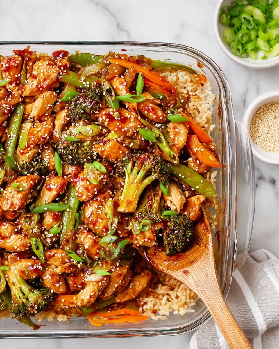 The image shows a clear glass baking dish filled with a stir-fry dish that has three main layers. The bottom layer is light brown rice. The second layer contains pieces of chicken that are golden brown, mixed with bright green broccoli, orange carrot sticks, green snap peas, and thin slices of white onion. The top layer is a shiny reddish-brown sauce coating the chicken and vegetables, sprinkled with white sesame seeds and chopped green onions. A wooden spoon is scooping out some of the dish on the right side. The dish is placed on a white marbled surface with a small white bowl of chopped green onions and a small white bowl of sesame seeds nearby. Photo taken with an iphone --ar 4:5 --v 7