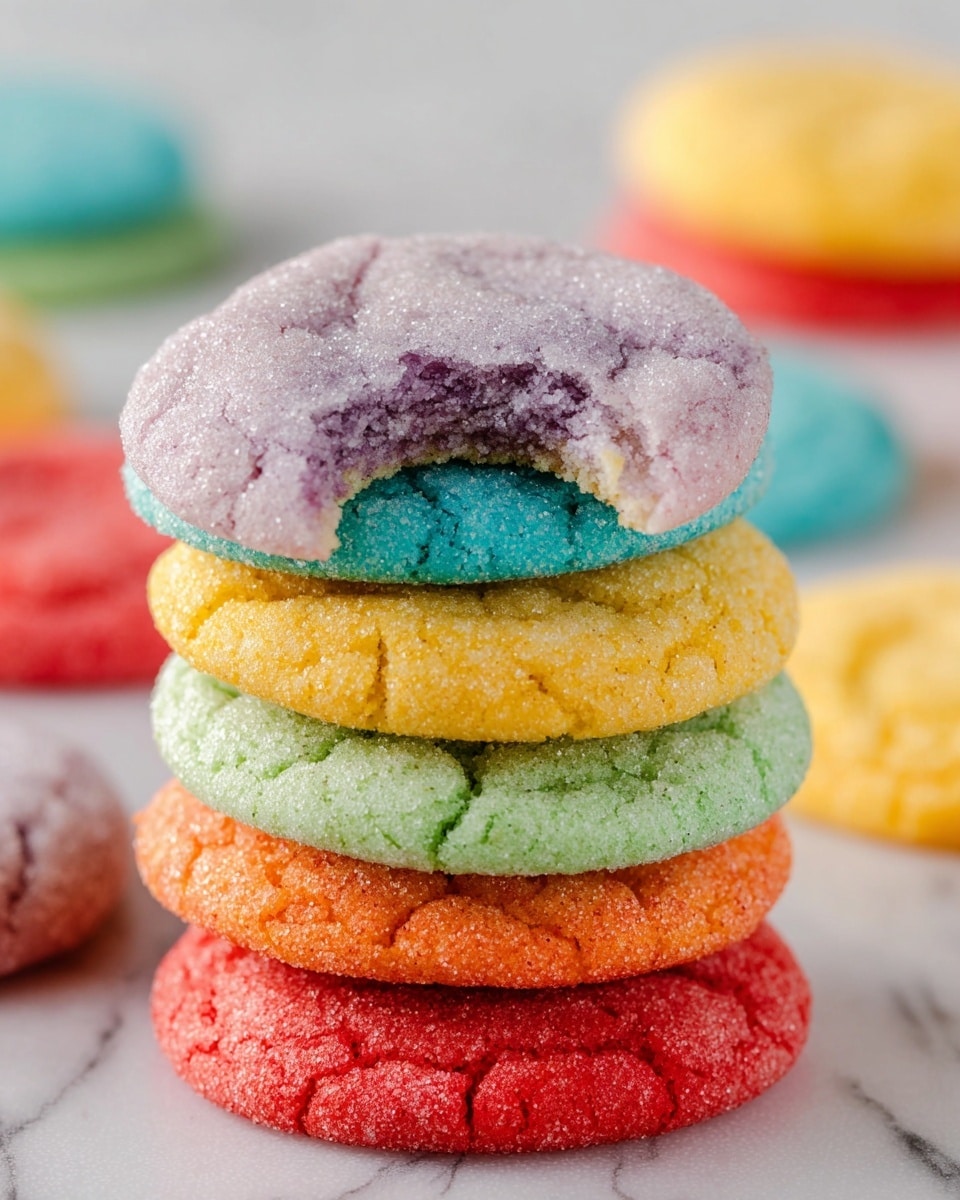 A stack of six colorful round cookies is placed on a white marbled surface, each cookie a different color: bright red at the bottom, followed by orange, yellow, light green, blue, and a light purple cookie on the top with a bite taken out of it showing the soft interior texture. The cookies have a sugar-coated, slightly cracked surface that looks soft and chewy. More cookies in various colors are scattered softly blurred in the background. photo taken with an iphone --ar 4:5 --v 7
