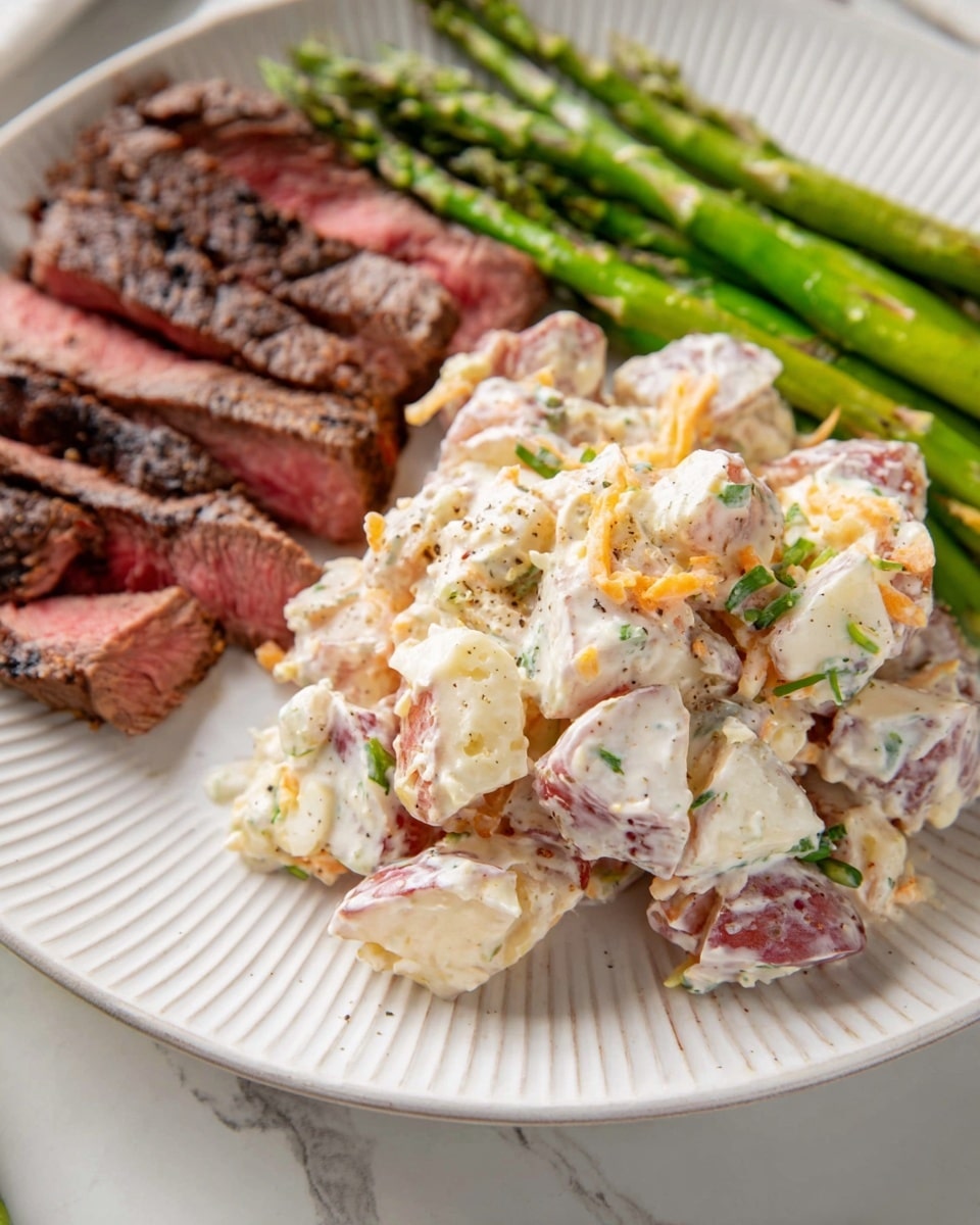 On a white plate with ridged edges set on a white marbled surface, there is a serving of pinkish-red potato salad with creamy white dressing mixed with visible small green herbs and orange shredded pieces, forming a chunky and textured middle layer. To the left, thin slices of medium-rare steak with a dark, seasoned crust and pink center lie flat in a neat row, while on the upper part of the plate, green grilled asparagus stalks with light char marks are placed parallel to each other. photo taken with an iphone --ar 4:5 --v 7