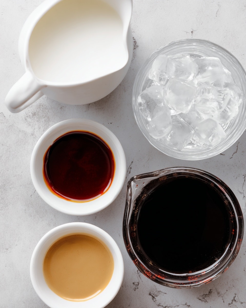 This image shows four small containers placed on a white marbled surface. In the top left corner is a white pitcher with cream or milk inside, with a smooth white texture. To its right is a glass filled with clear ice cubes that look large and transparent. Below the pitcher is a small white bowl filled with a dark reddish-brown sauce that has a smooth and slightly glossy surface. Below that bowl is another small white bowl with light tan or beige sauce that looks smooth and thin. On the lower right, a clear glass measuring cup holds a dark black liquid with a shiny surface, filling about half the container. photo taken with an iphone --ar 4:5 --v 7