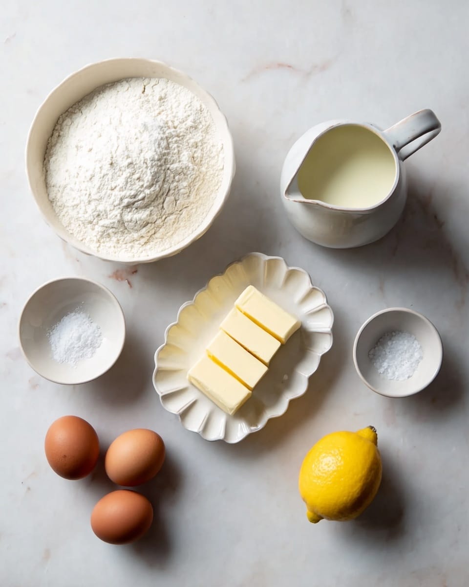 The image shows an arrangement of baking ingredients on a white marbled surface. There is a large white bowl filled with white flour at the top left. To the right of it, a small white bowl contains a little bit of salt. At the center, a white scalloped dish holds a stick of butter cut into five pieces stacked side by side. Above the butter, a white ceramic jug filled with milk sits with a handle on the right. Next to the jug is a small white dish with more salt. At the bottom left, four brown eggs are grouped together. Lastly, a whole bright yellow lemon is placed near the bottom right corner. The photo was taken with an iphone --ar 4:5 --v 7