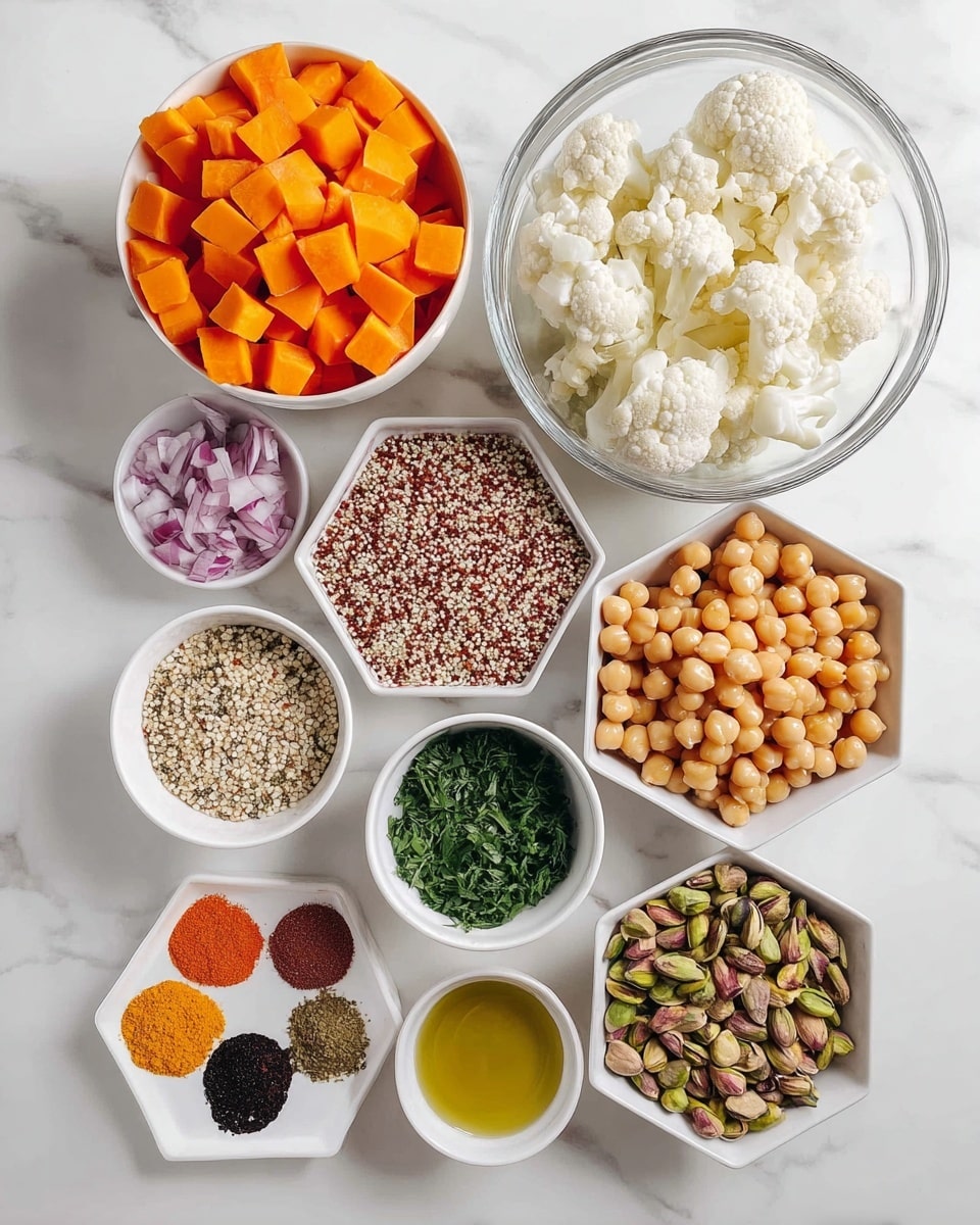 The image shows nine white bowls arranged in a grid on a white marbled surface. Starting top left, there is a bowl filled with bright orange diced carrots and next to it at top right is a bowl of white cauliflower florets. In the middle left, there is a bowl with golden chickpeas, and nearby in the center right, a small bowl holds chopped green herbs. The center bowl contains a mix of red, white, and light brown quinoa grains. Below left, diced red onions fill a small bowl, while the bottom center bowl holds chopped pistachios. A small bowl with a mix of spices in brown, red, and yellow tones sits just above a bowl of light golden olive oil on the bottom right. Photo taken with an iphone --ar 4:5 --v 7