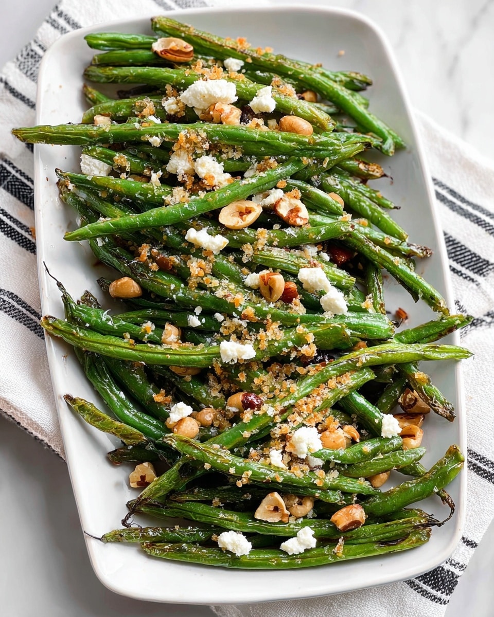 A rectangular white plate is filled with a layer of cooked green beans that are vibrant green with some light brown char marks, topped with crumbled white cheese scattered unevenly across the beans. Small pieces of roasted nuts, brown and orange in color, are sprinkled over the green beans, adding texture and contrast. Golden brown bits of toasted breadcrumbs are lightly scattered on top. The plate sits on a white marbled surface, and a white cloth with black stripes is partially visible on the left and bottom right edges. photo taken with an iphone --ar 4:5 --v 7