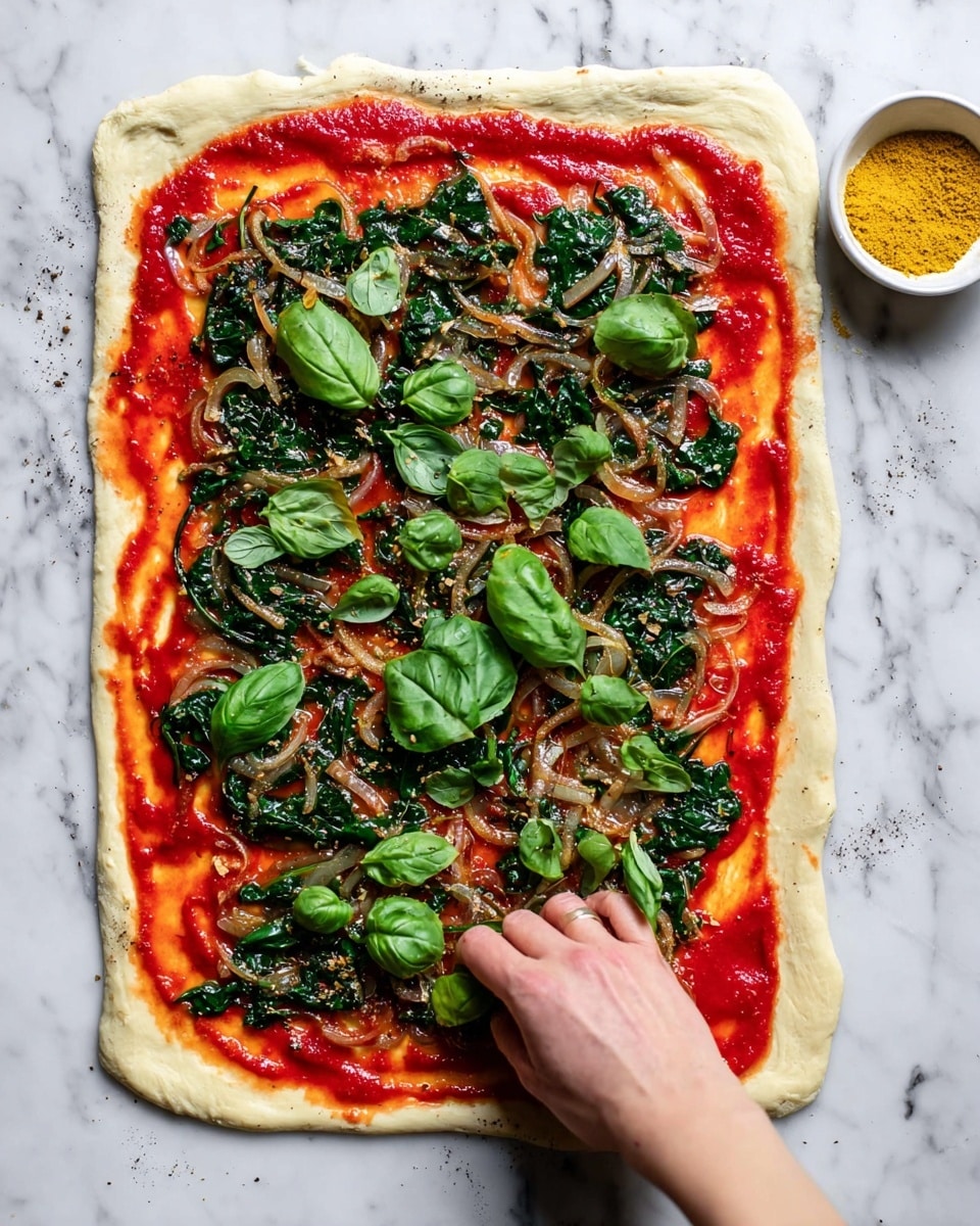 The image shows a rectangular pizza dough spread thinly on a white marbled surface. The dough has visible herbs mixed into it, giving it a speckled texture with light yellow color. On top of the dough, a bright red tomato sauce is spread evenly but leaves a border around the edges. Over the sauce, a layer of sautéed onions and spinach is scattered, the onions are light brown and glossy while the spinach is dark green and wilted. A woman's hand is placing fresh bright green basil leaves on top of the cooked vegetable layer. In the upper right corner, a small wooden dish contains a yellow powder. Photo taken with an iphone --ar 4:5 --v 7