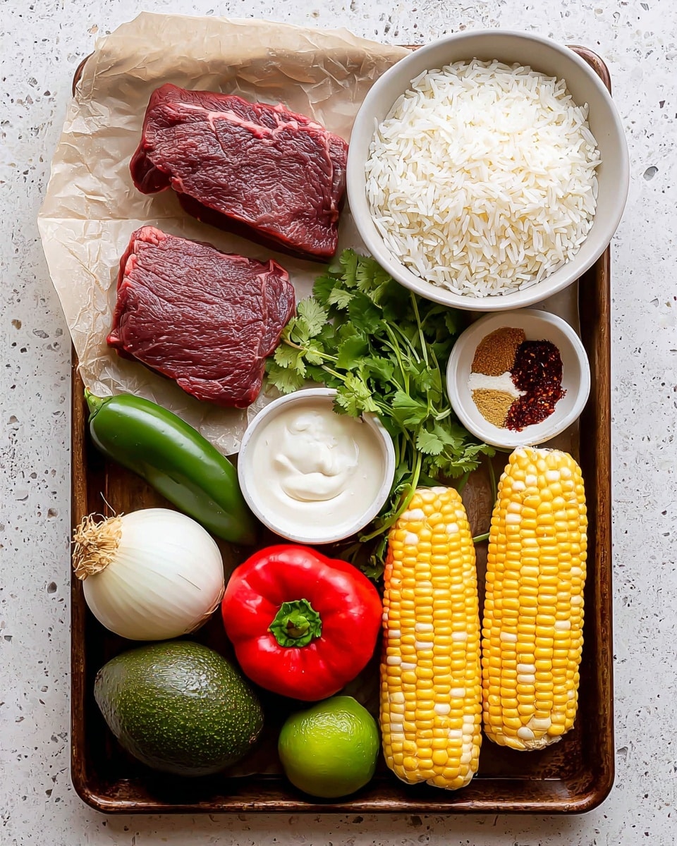 A dark metal tray sits on a white marbled surface holding all the ingredients for a meal. On the top left, two thick, raw red meat pieces rest on a sheet of brown parchment. To the right, a white bowl is filled with fluffy white rice. Below the meat are two white bowls, one containing dark red chili pieces in sauce, the other filled with smooth white sour cream or yogurt. Near the center are three pale green limes and a bunch of fresh green cilantro with delicate leaves fanning out. To the left of the limes is a whole dark green jalapeño, a large black avocado, and a pale yellow onion with dry roots at the bottom. At the bottom right, a bold red bell pepper lies next to two ears of yellow-and-white corn. Another white bowl to the right holds three spices: light beige ginger powder, orange-brown chili powder, and golden-brown cumin powder photo taken with an iphone --ar 4:5 --v 7