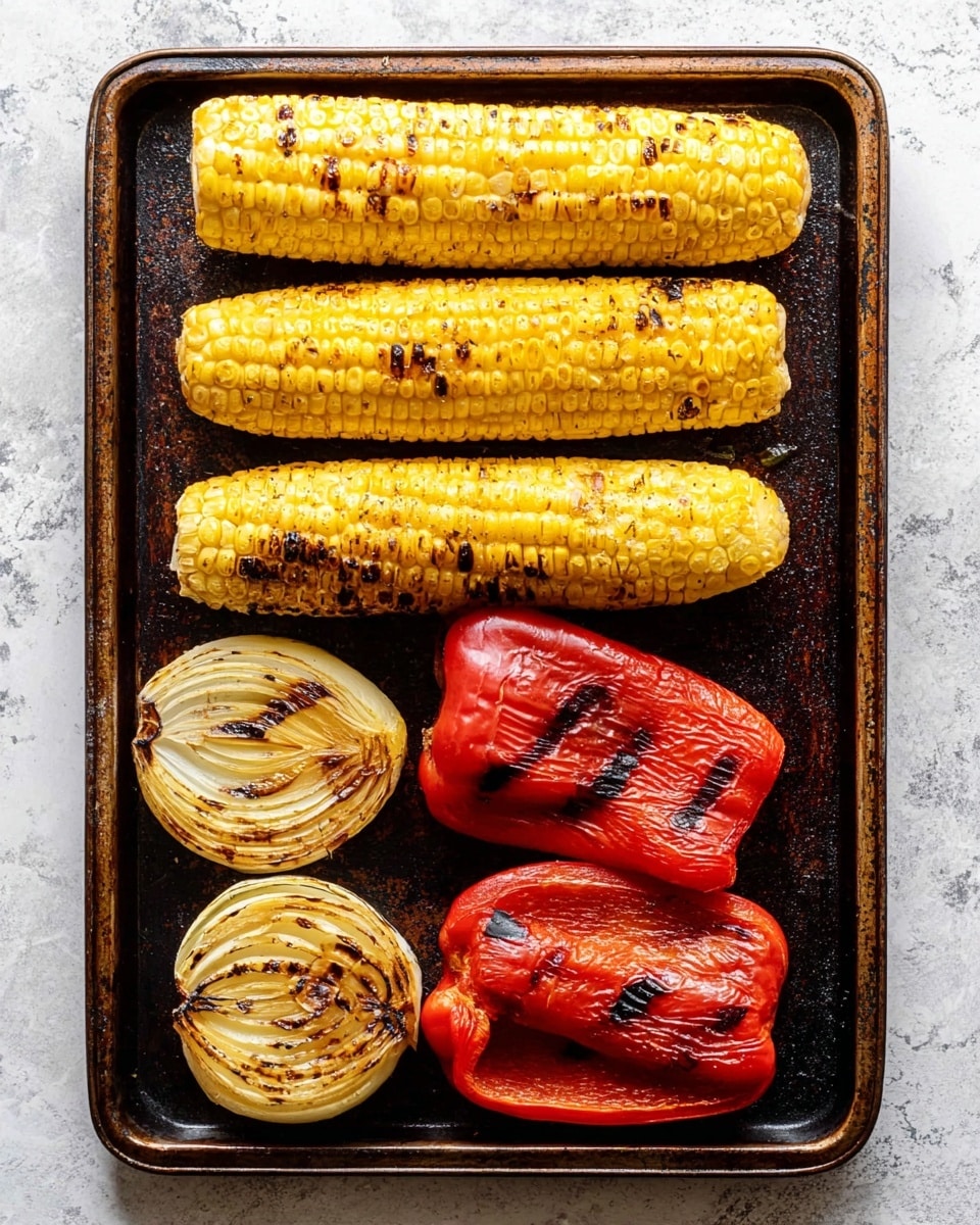 The image shows a rusty metal tray with four grilled corn cobs lined up near the top, each corn cob yellow with some brown charred spots. Below the corn, there are two grilled red bell pepper halves with wrinkled, slightly blackened skin. On the left side of the peppers, two grilled onion halves show clear dark grill marks against their white to light yellow color. The tray sits on a white marbled surface. photo taken with an iphone --ar 4:5 --v 7