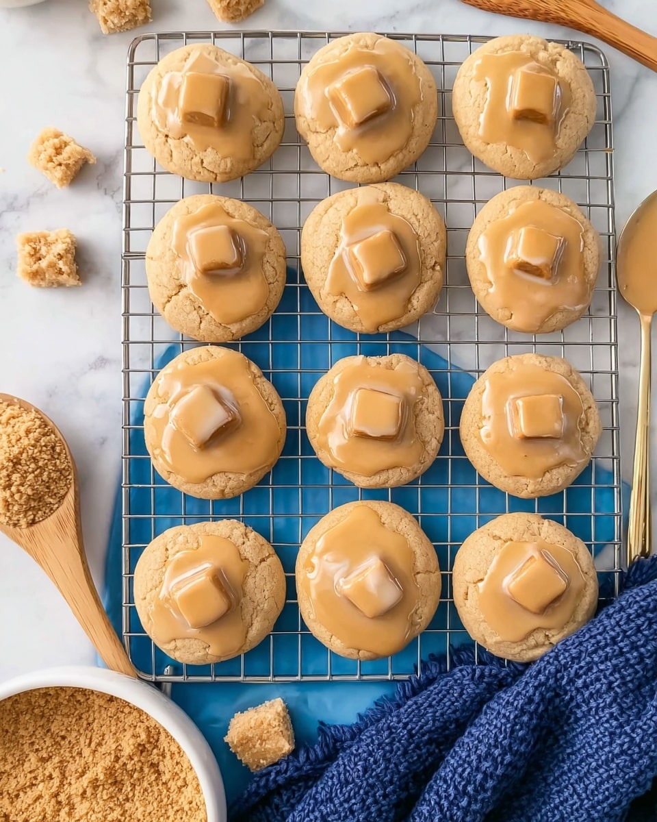 The image shows a group of ten round cookies placed on a metal cooling rack above a white marbled surface. Each cookie has two layers: a light golden-brown base with a soft texture and a light brown melted topping that covers most of the cookie surface. On top of the melted layer, each cookie has a small rectangular piece with rounded edges that is a slightly darker shade of brown. To the right of the rack, a silver spoon with some of the melted topping rests on the surface, near four small rectangular pieces similar to those on the cookies. At the bottom left corner, there is a white bowl filled with brown sugar and a wooden spoon inside it. A navy blue textured cloth lies on the bottom right side of the frame. Photo taken with an iphone --ar 4:5 --v 7