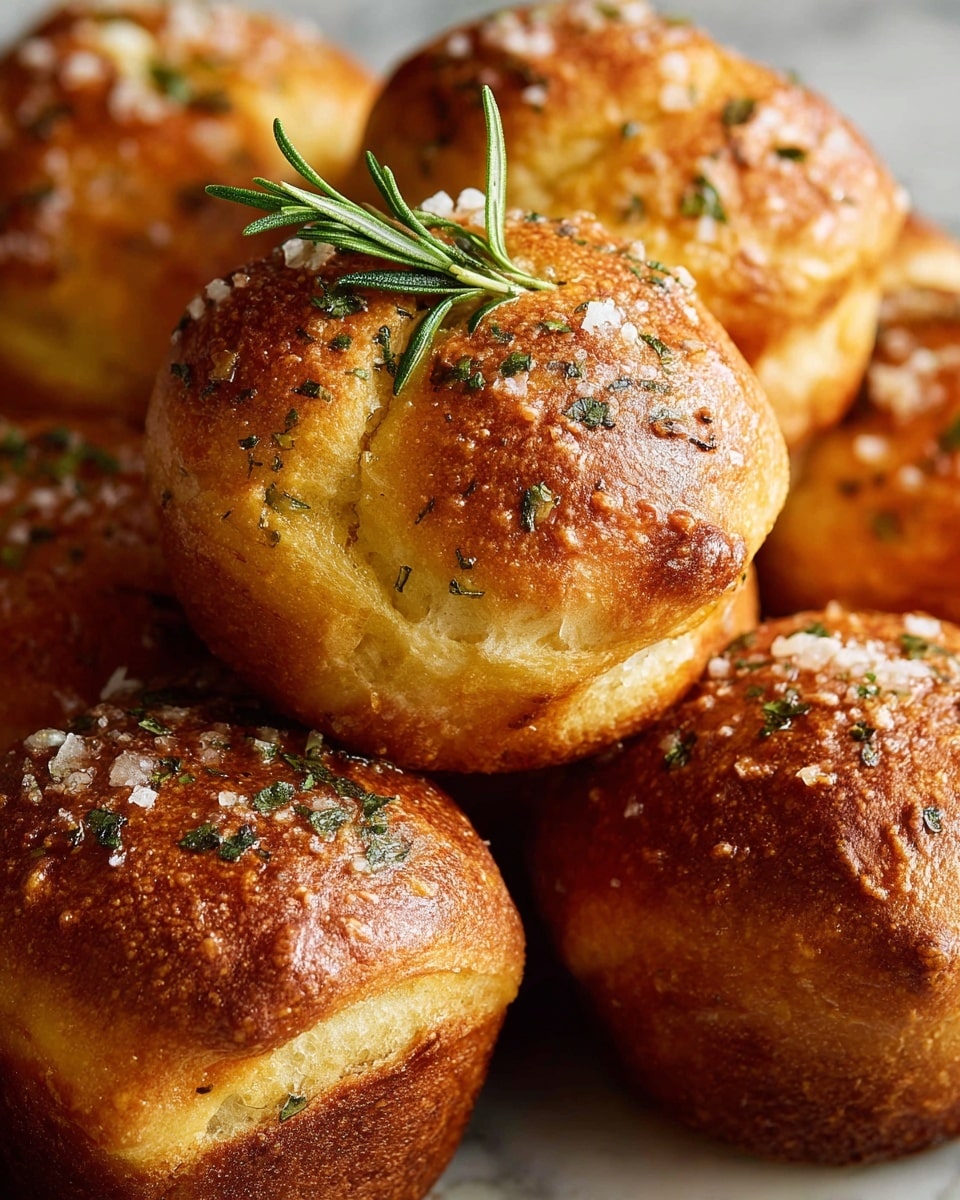 The image shows close-up views of several golden brown muffins with a light, fluffy texture on top. Each muffin has a crispy, dark golden crust at the bottom and is sprinkled with coarse sea salt and bits of dried herbs, including rosemary. The tops are slightly cracked and uneven, showing a soft inside. The muffins are placed close together on a white marbled surface, and one features a small sprig of fresh rosemary as decoration. Photo taken with an iphone --ar 4:5 --v 7