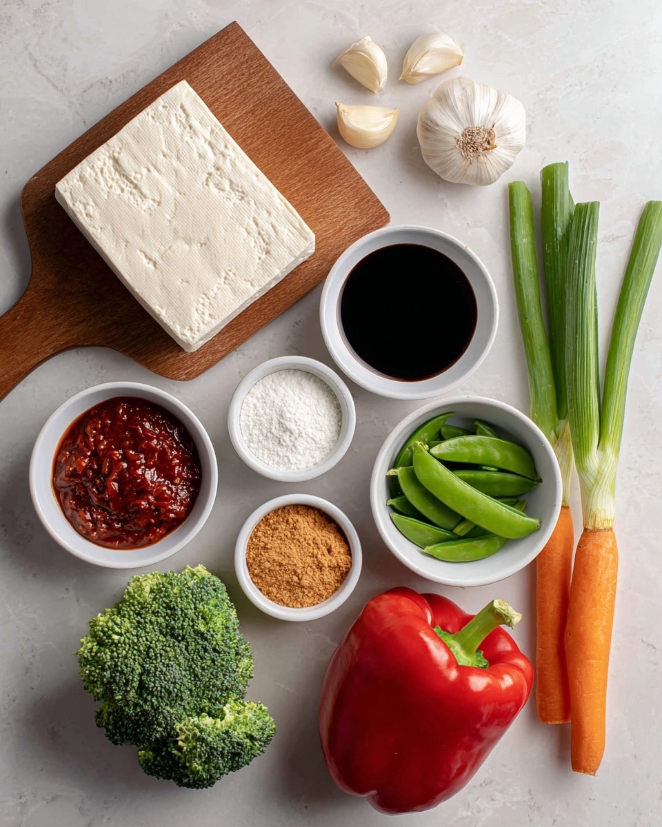 The image shows a block of light beige tofu on a wooden board placed on a white marbled surface. Around it are several white bowls and loose ingredients: a bowl of green broccoli florets, a bowl of green snap peas, a bright red bell pepper, a long orange carrot, two green spring onions, a piece of brown ginger root, two garlic cloves, and three small white bowls with dark soy sauce, reddish chili paste, light brown sugar, and white powder, all arranged neatly. photo taken with an iphone --ar 4:5 --v 7