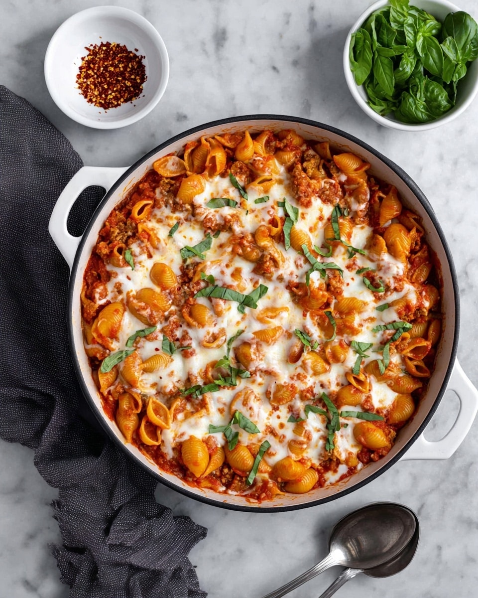 A white-handled skillet filled with a baked pasta dish showing three main layers: a bottom layer of bright red tomato sauce with visible chunks, a middle layer of small shell pasta covered in sauce, and a top layer of melted white cheese with melted spots, sprinkled with small pieces of green basil leaves scattered unevenly. The skillet sits on a white marbled surface with a few whole basil leaves near the edge. Nearby, a small white bowl holds fresh green basil leaves and another small white plate contains red chili flakes. A gray cloth is partially visible near the skillet, and a silver spoon lies on the right side. Photo taken with an iphone --ar 4:5 --v 7