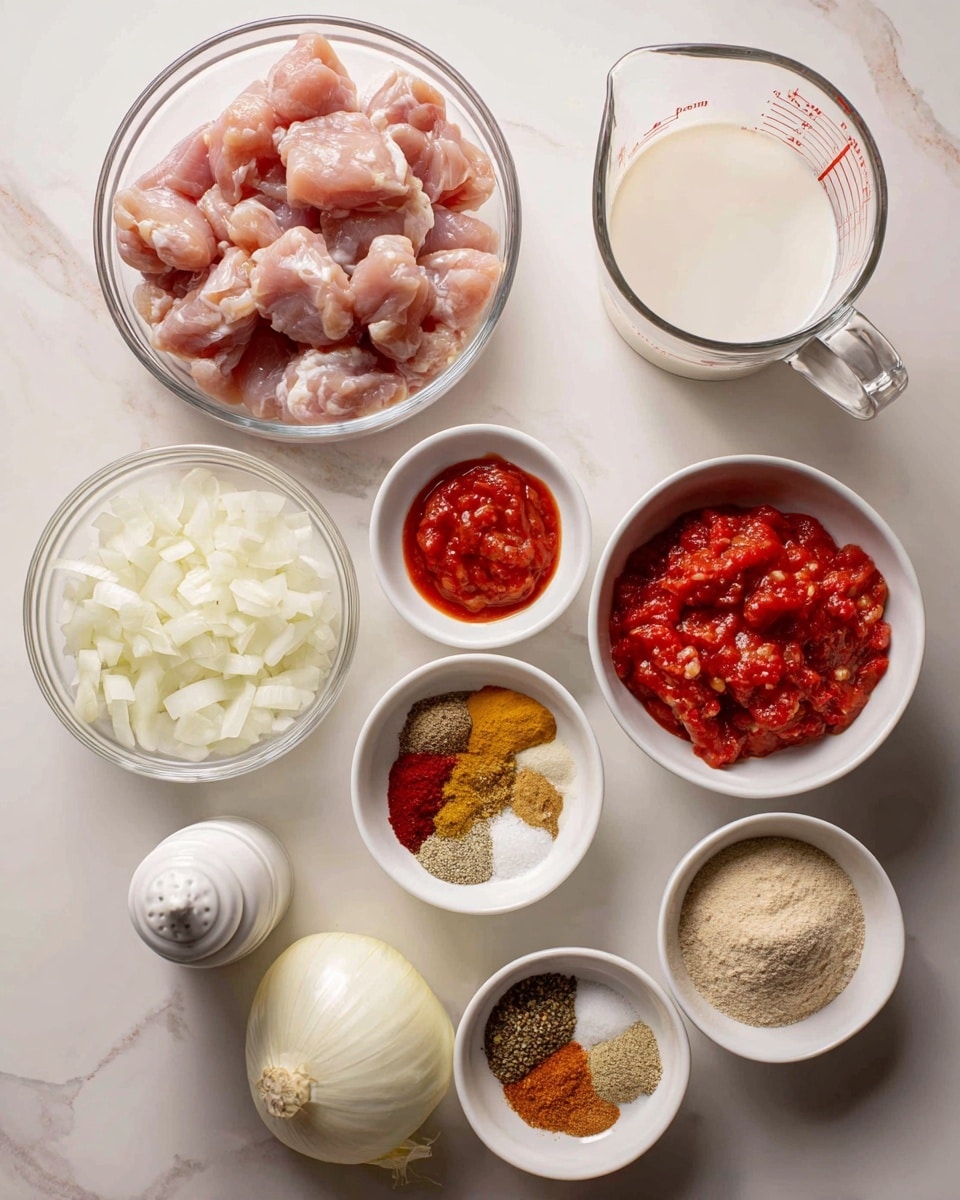 The image shows ingredients neatly arranged on a white marbled surface in clear glass and white bowls. At the top left, there is a clear glass bowl filled with pink raw chicken pieces. To the right, there is a clear glass measuring cup with white liquid inside, likely cream or milk. Below the chicken, there is a white bowl with chopped white onions. Next to it on the right, another white bowl contains bright red crushed tomatoes with a textured surface. Below the onions and tomatoes, a small white bowl holds a dollop of red tomato paste. Next to it, another white bowl contains a mix of spices in shades of brown, yellow, and white, showing ground turmeric, chili powder, salt, and other spices. To the right, there is a white bowl with a pile of light brown ground spice. Below that, another white bowl has a light beige paste, possibly ginger or garlic paste. At the bottom left, there is a small white bowl with minced garlic. A white salt shaker is placed near the onion bowl. The setup is well-lit and clean, with a top-down view. photo taken with an iphone --ar 4:5 --v 7