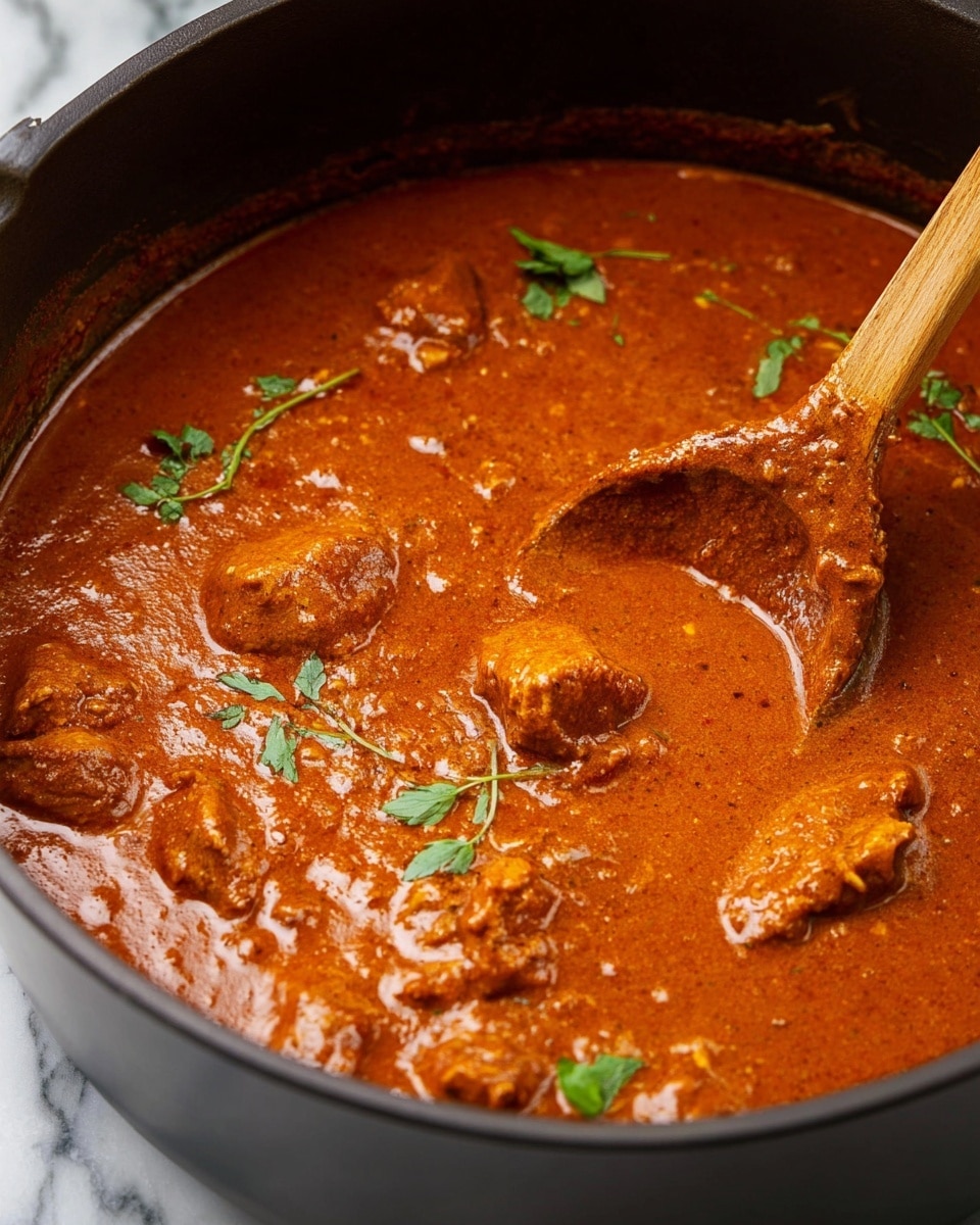 A close-up view of a pot filled with thick orange-brown curry sauce with visible chunks of tender meat scattered throughout. The sauce has a smooth yet slightly textured surface with small green herb pieces sprinkled on top, adding spots of fresh color. A wooden spoon is partially submerged on the right side, lifting some of the sauce, showing its creamy consistency. The pot edges are dark but the background is a white marbled texture. Photo taken with an iphone --ar 4:5 --v 7
