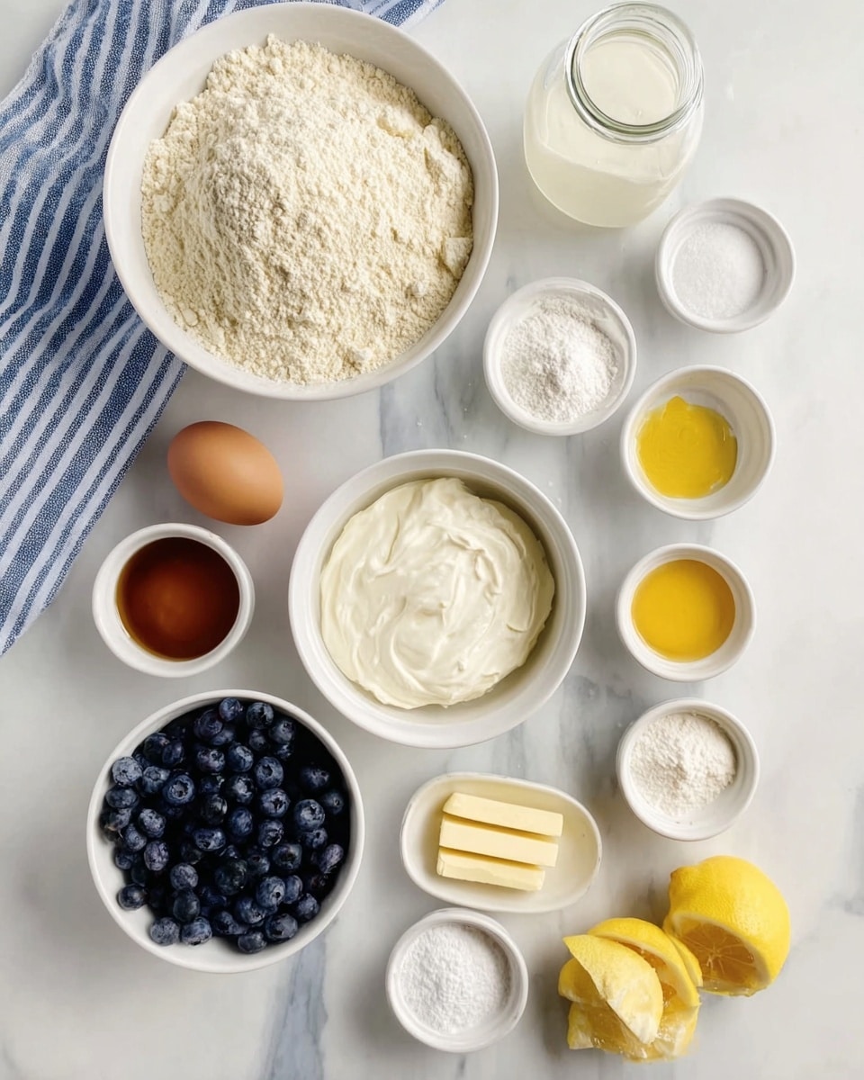 The image shows twelve white bowls and a glass jar arranged on a white marbled surface with a blue and white striped cloth on the left. On the top left, there is a large white bowl filled with flour, slightly crumbly and pale beige in color. Below it and to the right, there is a small glass jar with thick white liquid. To the right of the jar, three small white bowls in a curved line contain, from left to right, white granulated sugar, light yellow powdered baking powder, and fine white salt. Below these, a larger white bowl holds smooth and soft white cream cheese or ricotta. To the left of this bowl, there is a white bowl with two brown eggs with smooth shells. Near the bottom left, a white bowl is filled with round, plump, dark blue blueberries. To the right of the cream cheese bowl, four small white bowls are arranged vertically, each holding a different ingredient: amber-colored vanilla extract, bright yellow lemon zest, pale yellow lemon juice, and two sticks of light-colored butter. On the bottom right corner, a cut lemon shows its yellow flesh with two whole lemons beside it. The photo was taken with an iphone --ar 4:5 --v 7