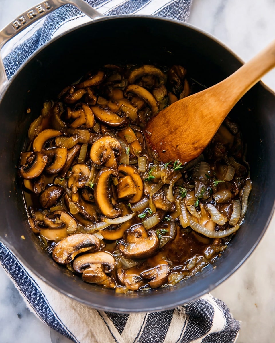 The image shows a black pot filled with cooked sliced mushrooms and chopped onions, all mixed in a dark sauce. The mushrooms and onions are shiny and soft, with the mushrooms having a brown color and the onions a translucent light yellow. A wooden spoon with some sauce on it rests inside the pot, partly stirring the ingredients. The pot sits on a white marbled surface with a blue-and-white striped cloth underneath peeking out. Photo taken with an iphone --ar 4:5 --v 7