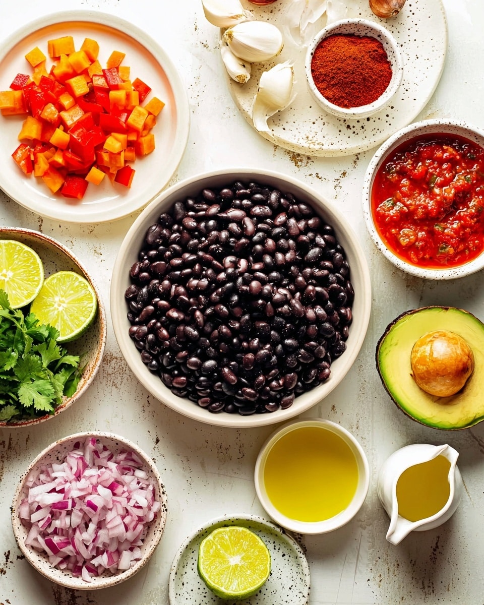 The image shows several white bowls and plates arranged on a white marbled surface, each holding different ingredients. In the center, a large white bowl is filled with shiny black beans. To the left, a white plate holds small cubes of orange and red vegetables. Above, a white plate displays whole garlic cloves, bright red and light brown powders on white spoons, half a white onion, and a small bowl of yellow oil. Below on the left, a white plate contains chopped red onions and fresh green cilantro, with two lime halves and a halved avocado nearby. To the right, a small white bowl with black speckles holds bright red salsa, and a small white pitcher contains a light yellow liquid. The colors and textures are vibrant and fresh, photo taken with an iphone --ar 4:5 --v 7