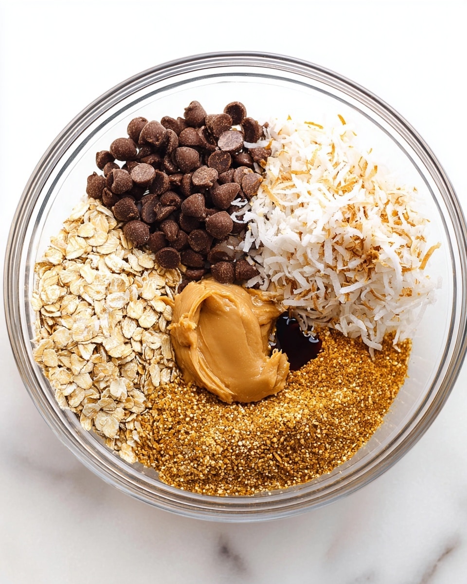 A clear glass bowl sits on a white marbled surface, filled with six distinct ingredients arranged in separate piles. Starting from the top left, there are dark brown chocolate chips with a smooth, shiny texture. Below them, fluffy, lightly toasted shredded coconut shows a mix of white and pale golden strands. To the right of the coconut, a small pool of thick dark syrup glistens. Next to the syrup, light beige rolled oats create a soft, coarse layer. Below the oats, a creamy, smooth dollop of light brown peanut butter contrasts with the dry ingredients. Finally, covering the bottom left area, a pile of fine, golden-brown flaxseed meal adds a grainy texture. All ingredients are untouched and clearly separated inside the bowl. Photo taken with an iphone --ar 4:5 --v 7