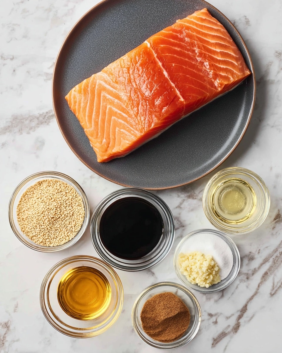 The image shows a large piece of fresh, orange-colored salmon fillet with white lines, placed on a round dark grey plate at the top center. Below it, there are seven small glass bowls arranged in a rough arc shape on a white marbled surface. From left to right, the bowls contain light brown sesame seeds, pale golden honey, dark brown soy sauce, light brown brown sugar, white powder (likely cornstarch), clear liquid vinegar, and a small amount of pale yellow minced garlic. The composition is neat and well-lit, showing the freshness and variety of ingredients clearly. Photo taken with an iphone --ar 4:5 --v 7