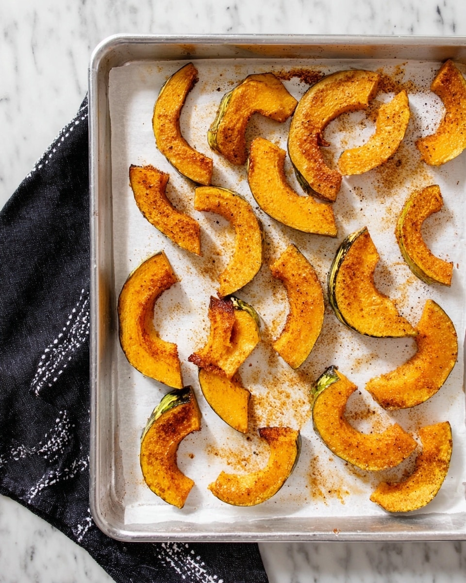 A metal baking tray lined with white parchment paper holds many roasted pumpkin slices scattered across it. Each pumpkin slice is golden orange with browned edges and some green skin visible. The tray is placed on a white marbled surface in the background, and a black cloth with white dashed lines is folded and lying beside the tray on the left side. The pumpkin pieces have a slightly rough texture and look crispy on the edges. photo taken with an iphone --ar 4:5 --v 7