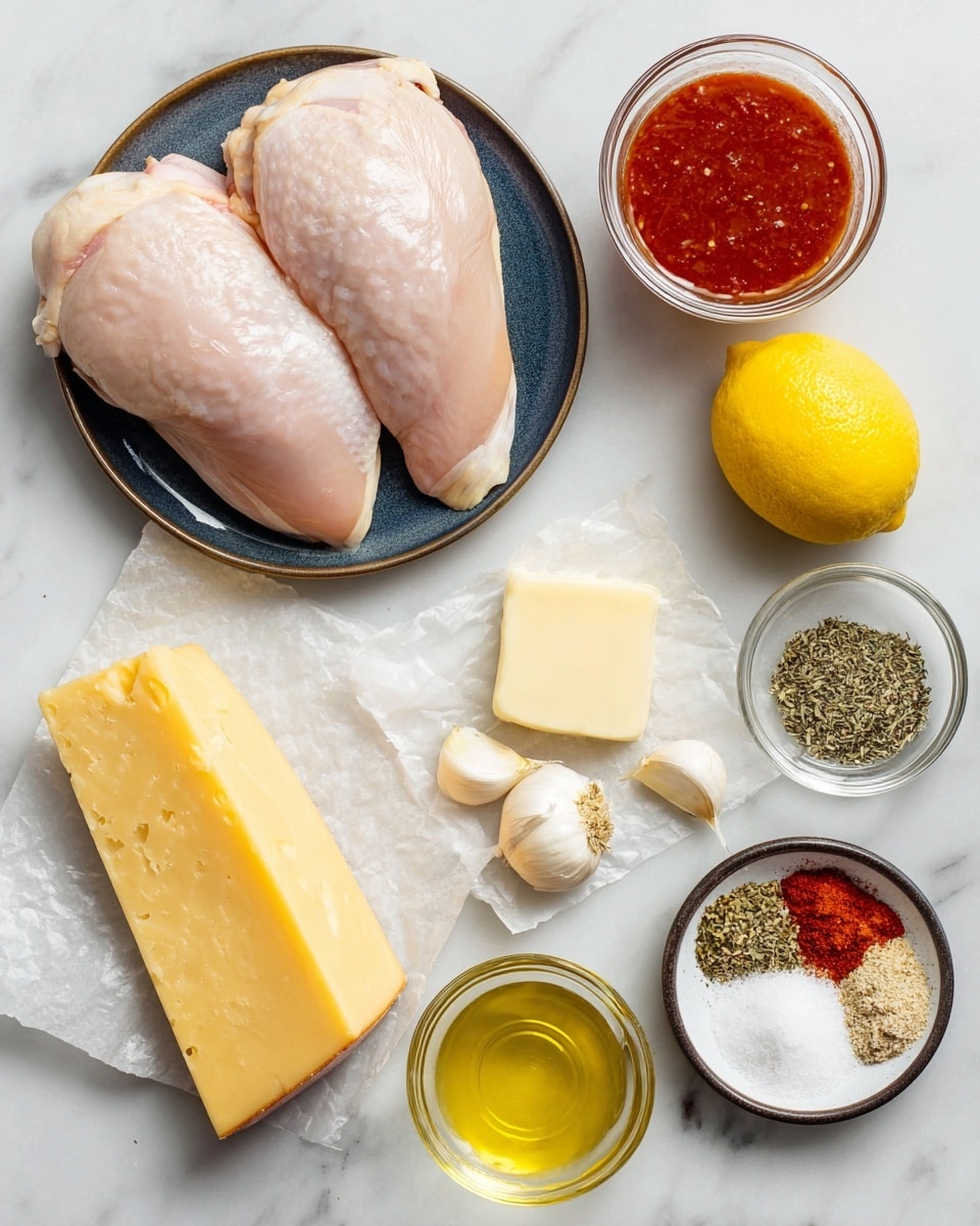 Two raw light pink chicken pieces lie side by side on a small white plate with a dark blue base in the top left corner. To the right, a small clear glass bowl filled with red sauce sits next to a bright yellow lemon. Below, there are three garlic cloves scattered near a square piece of smooth pale yellow butter placed on a small piece of white parchment paper. A large wedge of hard light yellow cheese rests below the garlic. To the right of the butter and cheese, a small clear glass bowl holds green and red dried herbs. On the bottom right, a small white plate with a dark rim shows four piles of spices and seasonings: coarse white salt, crushed black pepper, bright red paprika, and white powder. A small clear glass bowl of light yellow olive oil is at the bottom center. All items rest on a white marbled surface. photo taken with an iphone --ar 4:5 --v 7